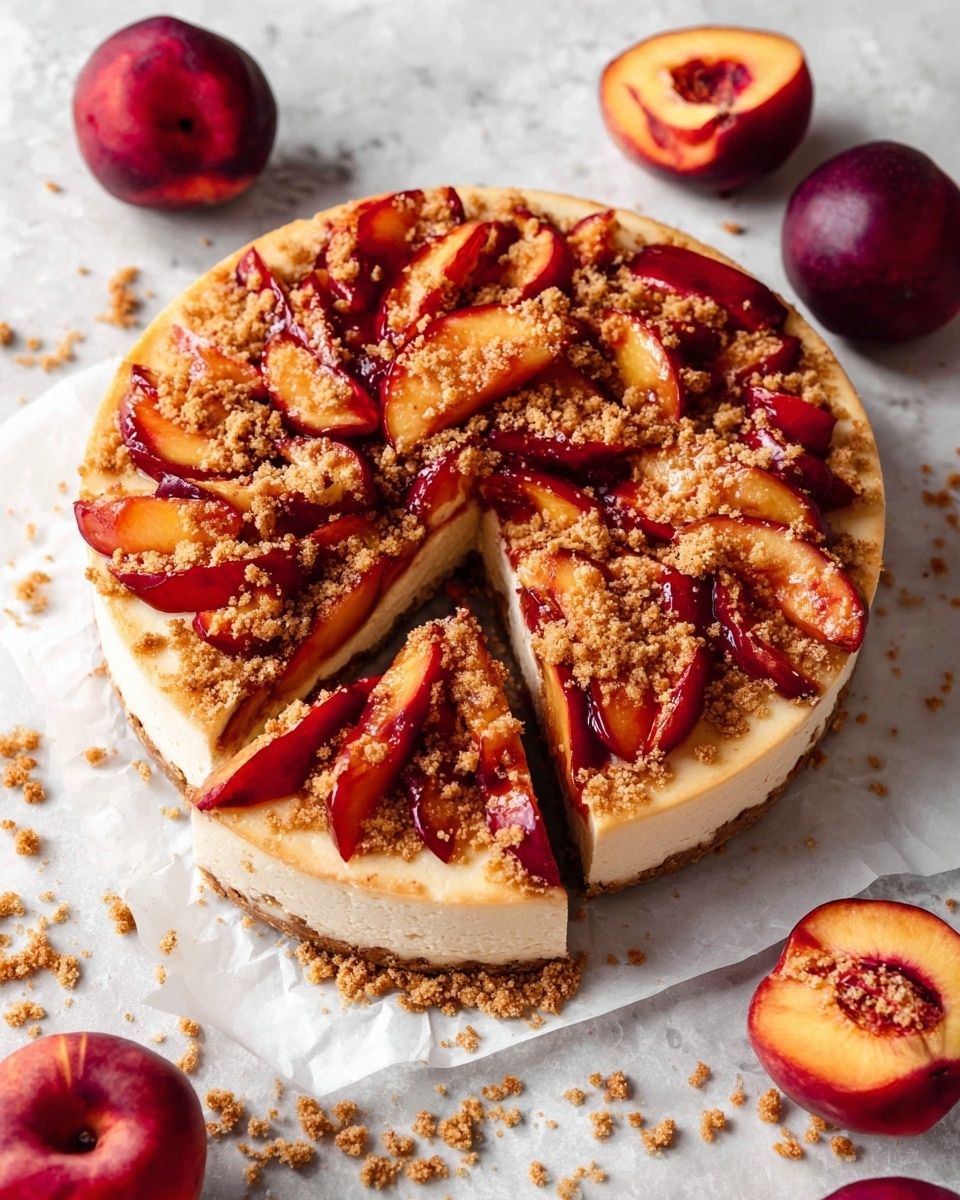 A round cheesecake with one slice being lifted up shows three main layers: a brown crumb crust at the bottom, a thick pale cream cheese middle layer, and a top covered with glossy red and orange peach slices arranged in a rough mound. Over the fruit, light brown crumbly streusel is sprinkled unevenly. The cheesecake sits on white parchment paper on a white marbled surface, around which whole red peaches and loose crumbs are scattered. Photo taken with an iphone --ar 4:5 --v 7