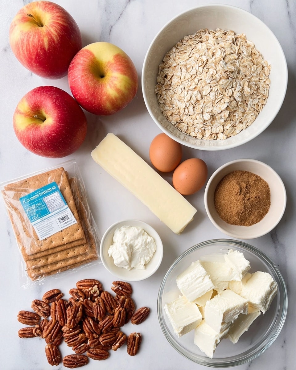 The image shows a collection of ingredients neatly arranged on a white marbled surface. There are four red apples with yellow patches grouped on the left side. Above them, a white bowl filled with light beige rolled oats sits next to another white bowl containing brown sugar. Near the center, an unwrapped stick of pale yellow unsalted butter rests horizontally. Scattered around are medium brown pecans and a small white dish holding a heap of ground cinnamon powder. A partially opened package of square graham crackers is placed on the left edge. Three brown eggs are positioned below the crackers and pecans. On the right side, a clear glass bowl contains two blocks of smooth white cream cheese. Photo taken with an iphone --ar 4:5 --v 7