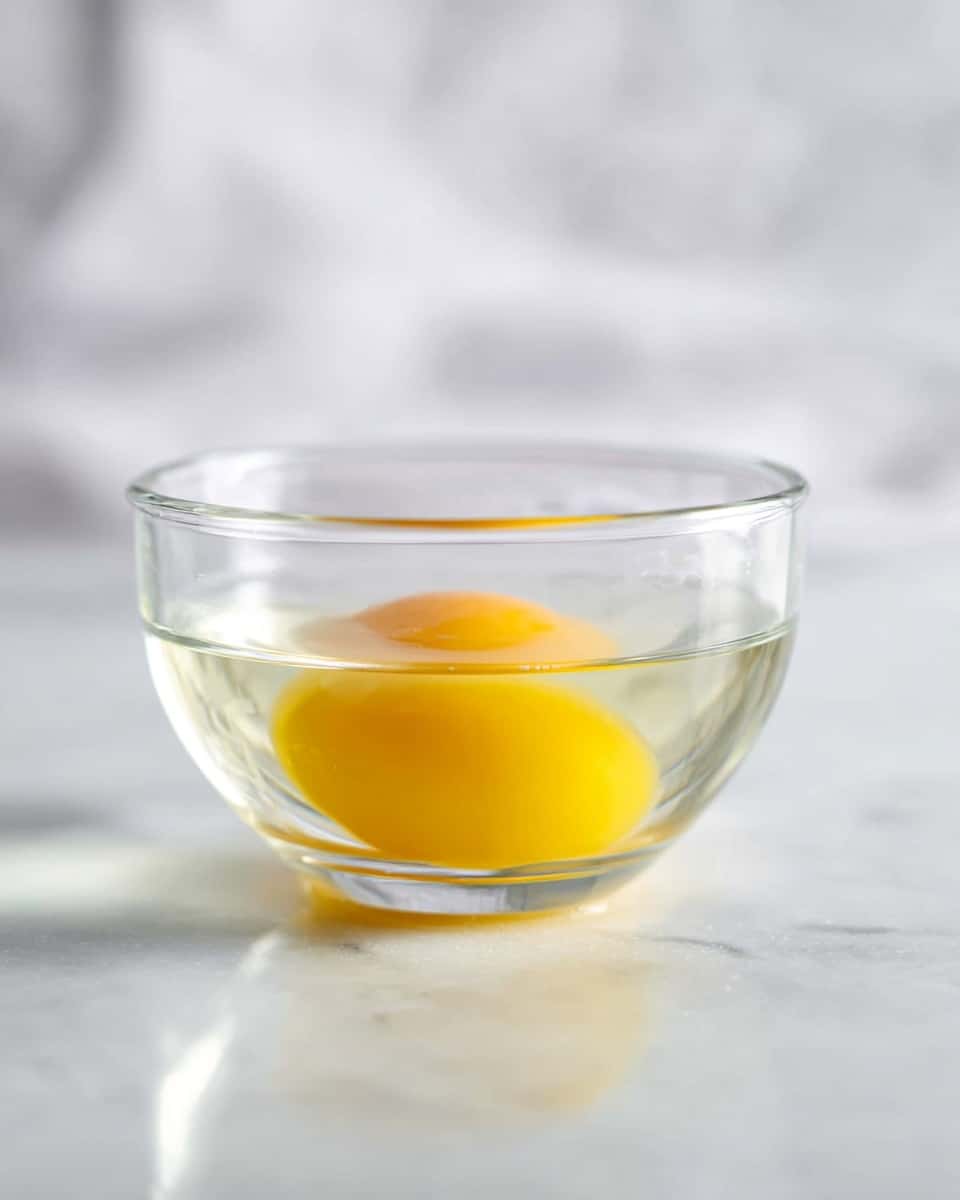 A clear round glass bowl sitting on a white marbled surface holds a raw egg submerged in water. The egg yolk is a bright yellow and sits low in the bowl, surrounded by almost transparent egg white with some faint white strands floating around it. The clear water fills the bowl almost to the top, creating a smooth, reflective surface. The background is softly blurred with white and light gray tones, emphasizing the simplicity of the scene. photo taken with an iphone --ar 4:5 --v 7