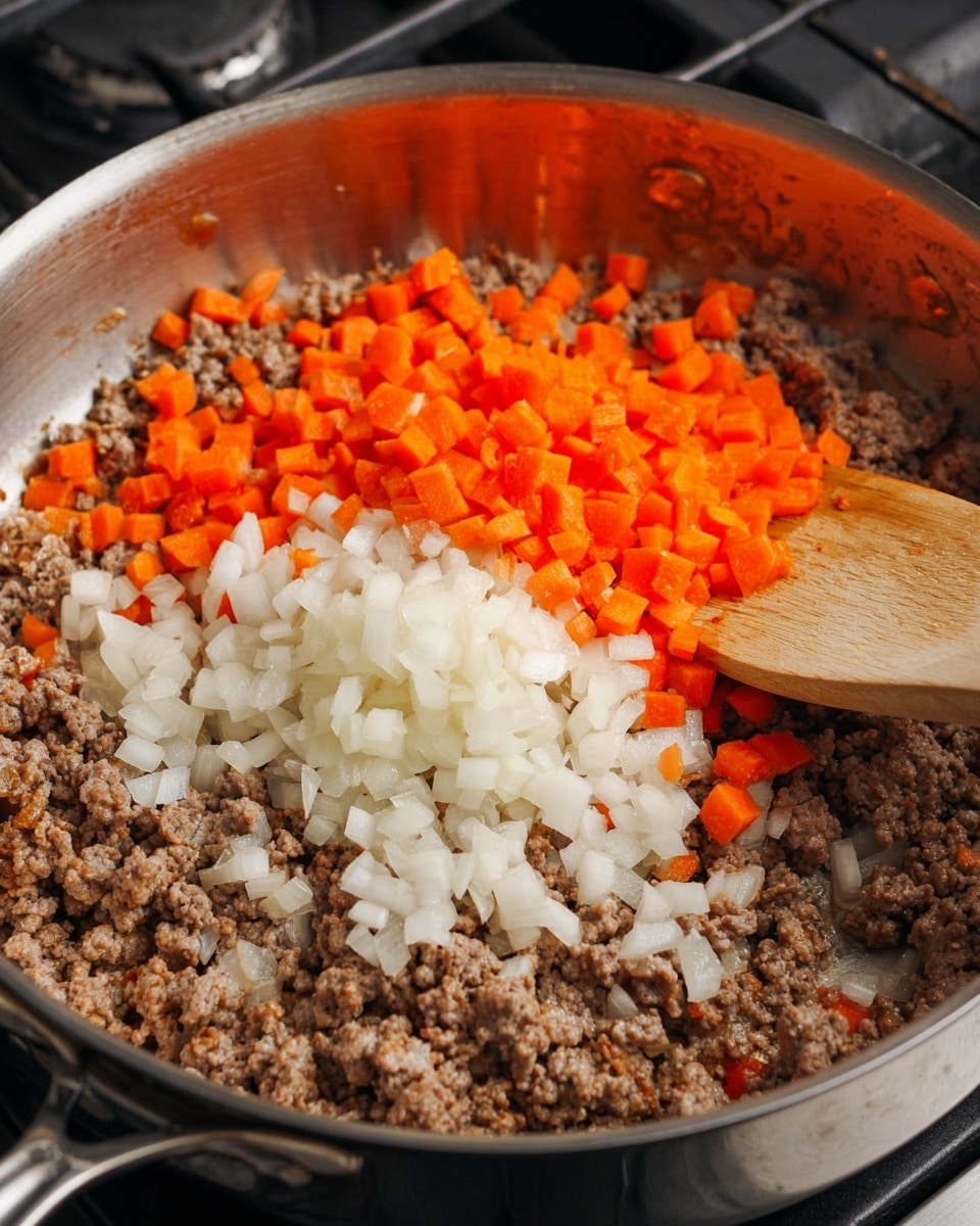 The image shows a shiny metal pan with three layers inside: the bottom layer is brown cooked ground meat spread across the pan, the middle layer is white chopped onions placed in the center on top of the meat, and the top layer is bright orange chopped carrots sitting above the onions. On the right side of the pan, a wooden spoon with a light brown handle rests, touching the meat near the carrots. The pan is on a stove, and the photo is taken with an iphone --ar 4:5 --v 7