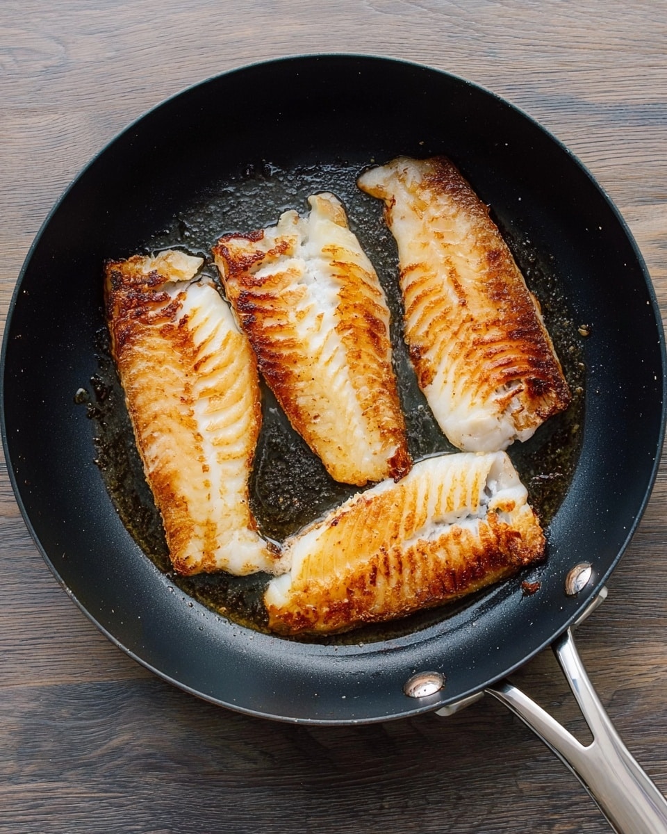 A black frying pan with three pieces of golden-brown fish fillets cooking inside. The fillets have crispy, browned edges and soft white centers, with some shiny oil around them. The pan has silver and black handles and is placed on a white marbled surface. The lighting highlights the texture of both the fish and the pan surface. photo taken with an iphone --ar 4:5 --v 7