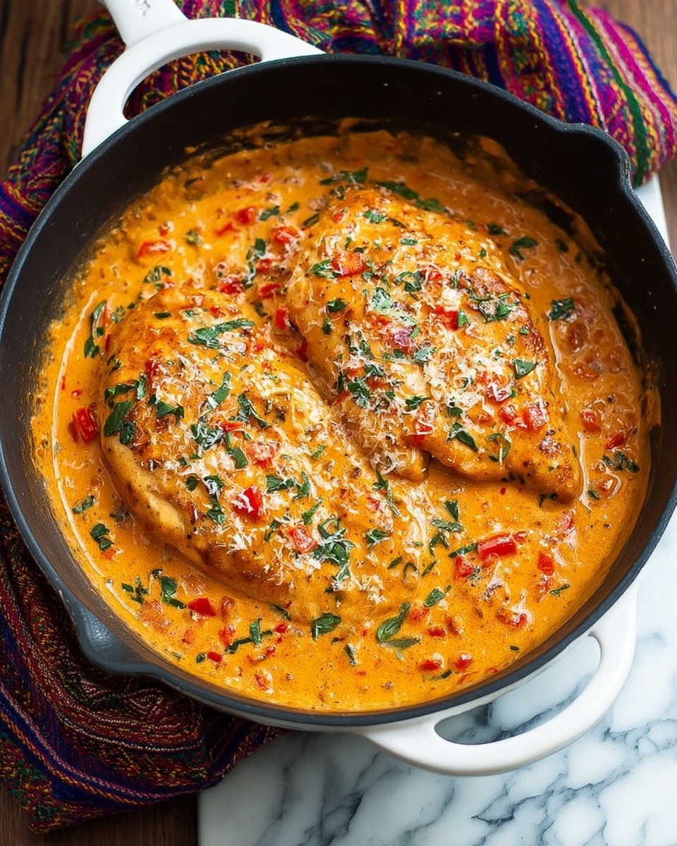 A black pan filled with two large pieces of golden-brown cooked chicken breasts covered in a thick, creamy orange sauce mixed with small chunks of red peppers and greens scattered throughout. The sauce has a smooth texture with grated cheese sprinkled on top, and chopped green herbs are spread evenly over the surface. The pan has white handles and is placed on a white marbled surface with a colorful woven cloth in the background. Photo taken with an iphone --ar 4:5 --v 7
