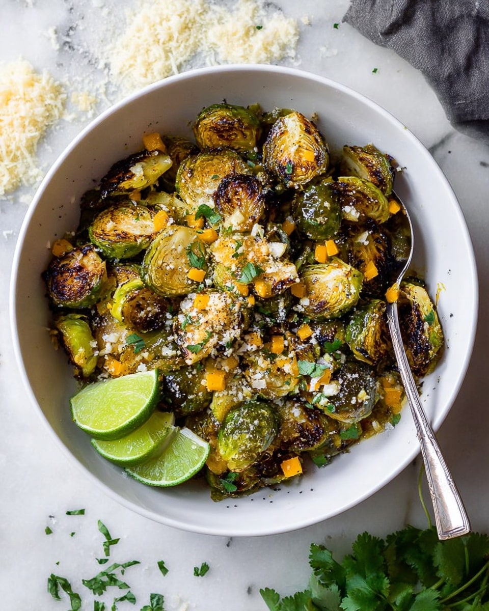 A white bowl filled with roasted Brussels sprouts that are browned and slightly crispy on the edges. The sprouts are cut in half, showing their light green and yellow interiors with dark char marks on top. Scattered over the sprouts are small cubes of orange cheese, sprinkled white cheese crumbles, and chopped fresh green herbs. There are two lime wedges on the side of the bowl. A silver spoon rests inside the bowl. The bowl is set on a white marbled surface with some fresh green herbs and grated cheese around it. Photo taken with an iphone --ar 4:5 --v 7