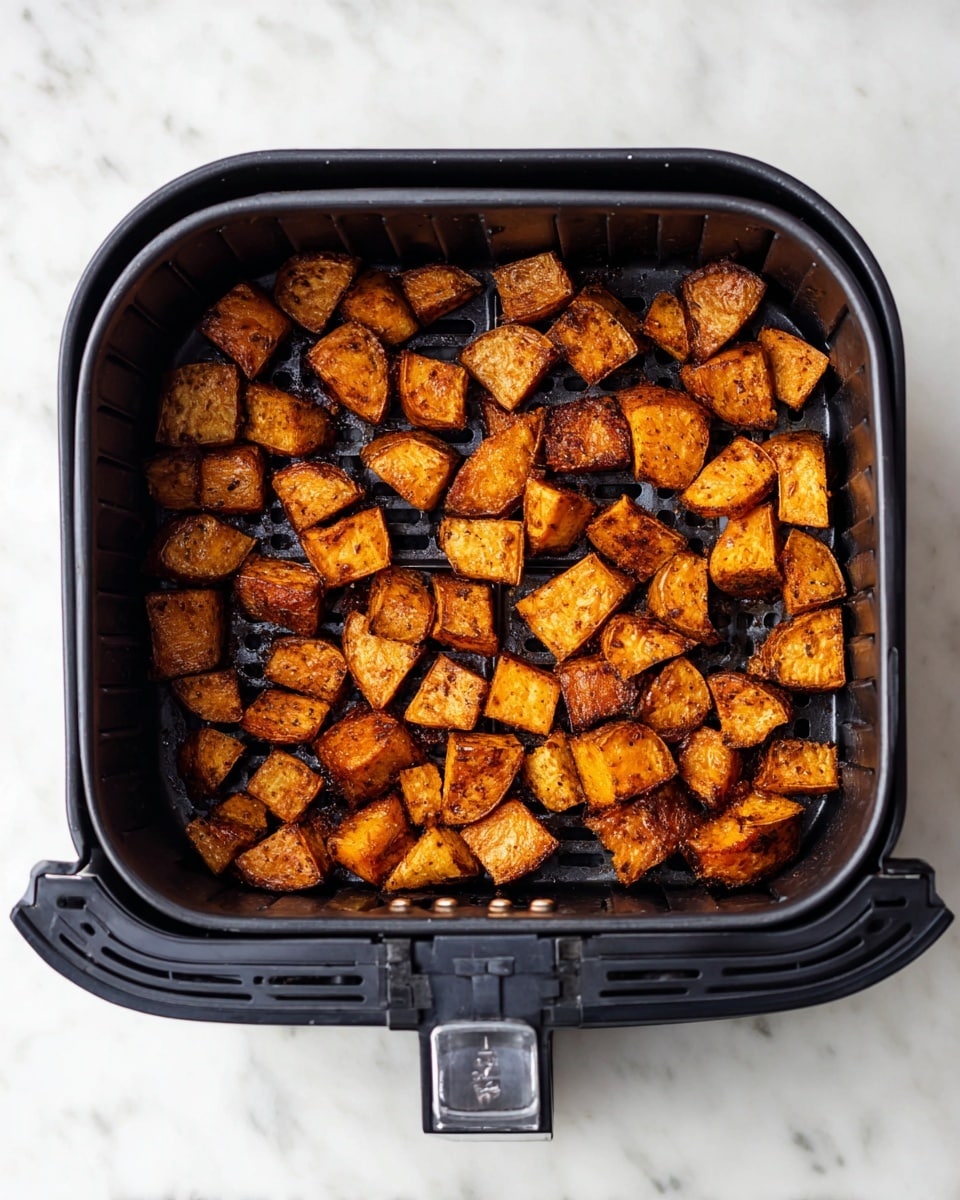 Inside a black air fryer basket, small pieces of golden brown roasted sweet potatoes are spread out evenly. Each piece has a slightly crispy texture with a mix of darker brown edges and lighter golden centers, showing a well-cooked, seasoned surface. The sweet potatoes rest directly on the black grid of the basket, which contrasts with the warm orange-brown color of the potatoes. The basket sits on a white marbled surface, enhancing the rich colors of the roasted sweet potatoes. photo taken with an iphone --ar 4:5 --v 7