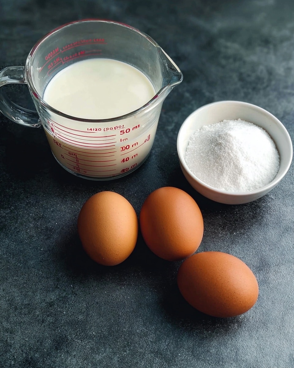 The image shows four brown eggs placed closely together on a dark surface with slightly different shades of brown, one lighter than the others. Next to the eggs is a small white bowl filled with a fine white powder, likely salt or sugar. To the left of the bowl is a clear glass measuring cup marked with red measurements up to 500 ml, filled nearly to the top with a thick white liquid that looks like cream or milk. The background surface is dark and smooth, with a subtle shine. photo taken with an iphone --ar 4:5 --v 7