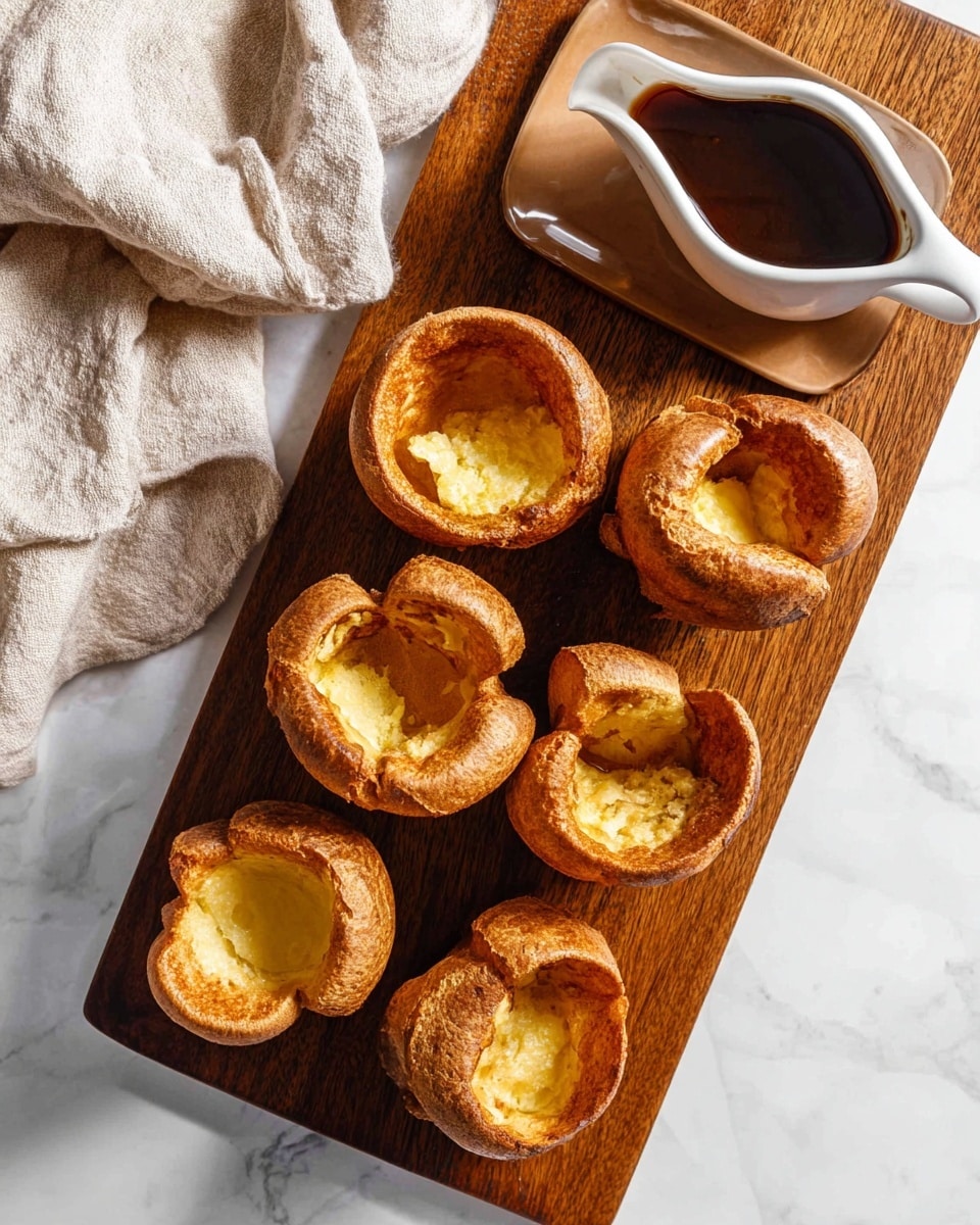 A wooden board placed on a white marbled surface holds eight golden brown Yorkshire puddings arranged in two neat rows of four. Each Yorkshire pudding has a puffy, uneven texture with a hollow center showing a soft, light yellow inside. To the right, there is a white gravy boat filled with dark brown gravy, resting on a small rectangular brown plate. A crumpled light beige cloth is draped partially around the top left corner of the board. The photo taken with an iphone --ar 4:5 --v 7
