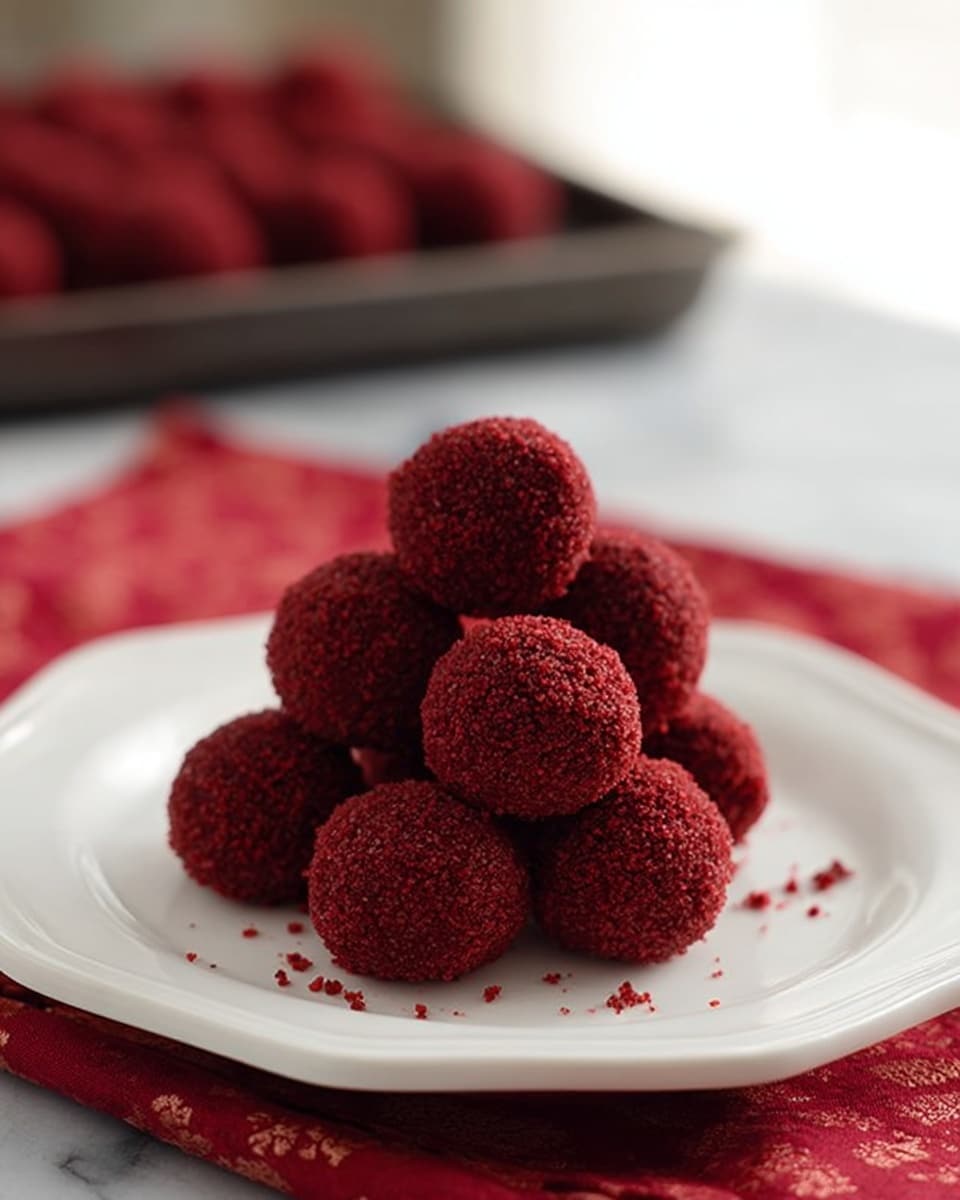 A small pile of round, deep red balls coated in a crumbly texture sits in the center of a white plate with a gently scalloped edge. The balls have a rough but even surface, showing tiny granules all over. Some small crumbs are scattered loosely on the plate near the balls. The plate rests on a red cloth with a subtle pattern. In the back, out of focus, there is a baking tray holding more of these red balls. The surface beneath everything is a white marble texture, and soft light comes from the background. Photo taken with an iphone --ar 4:5 --v 7