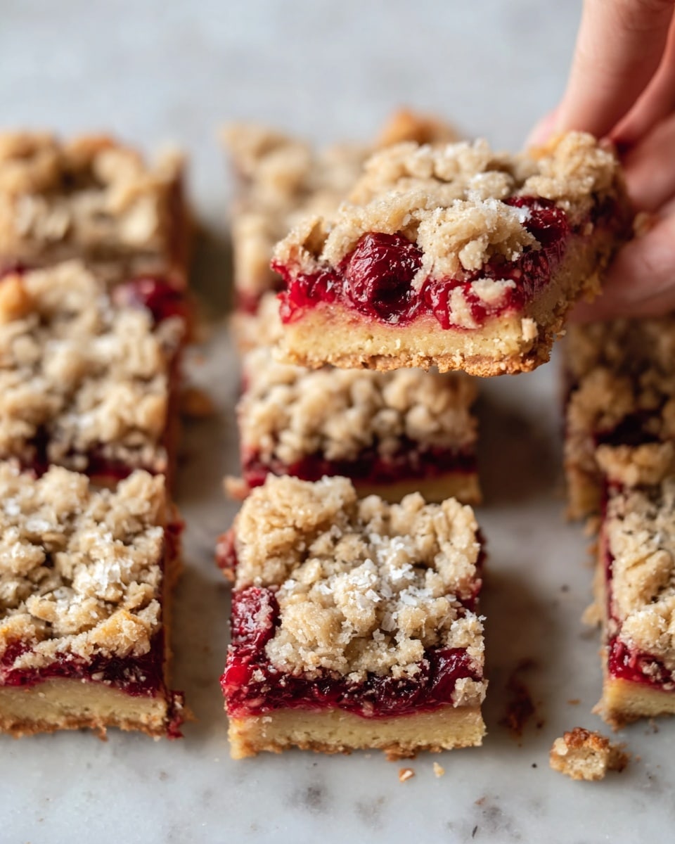 The image shows several square bars stacked on a white marbled surface, each bar having three layers. The bottom layer is a golden brown crust with a firm texture. The middle layer is a bright red filling made of whole berries, looking juicy and slightly soft. The top layer is a crumbly, light beige oat topping with chunks unevenly spread, adding a rough texture. One bar in the front has a bite taken from it, showing the layers clearly and some crumbs scattered around it. A few loose red berries and oat flakes lie near the bars. In the blurred background, more bars and a white bowl with red berries are visible. The photo taken with an iphone --ar 4:5 --v 7