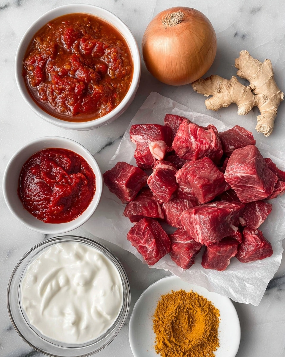This image shows raw beef chunks placed on parchment paper inside a white bowl on the right side. Above and to the left, there is a white bowl filled with chunky red tomato sauce. Below the beef, there is a whole brown onion and a small white bowl with thick red tomato paste on the left. In the center, there is a glass bowl filled with thick white yogurt. To the right of the yogurt, there is a small white plate with a mound of yellow curry powder. Around the yogurt, there are peeled garlic cloves and a piece of fresh ginger root scattered. All items are arranged on a white marbled surface. Photo taken with an iphone --ar 4:5 --v 7