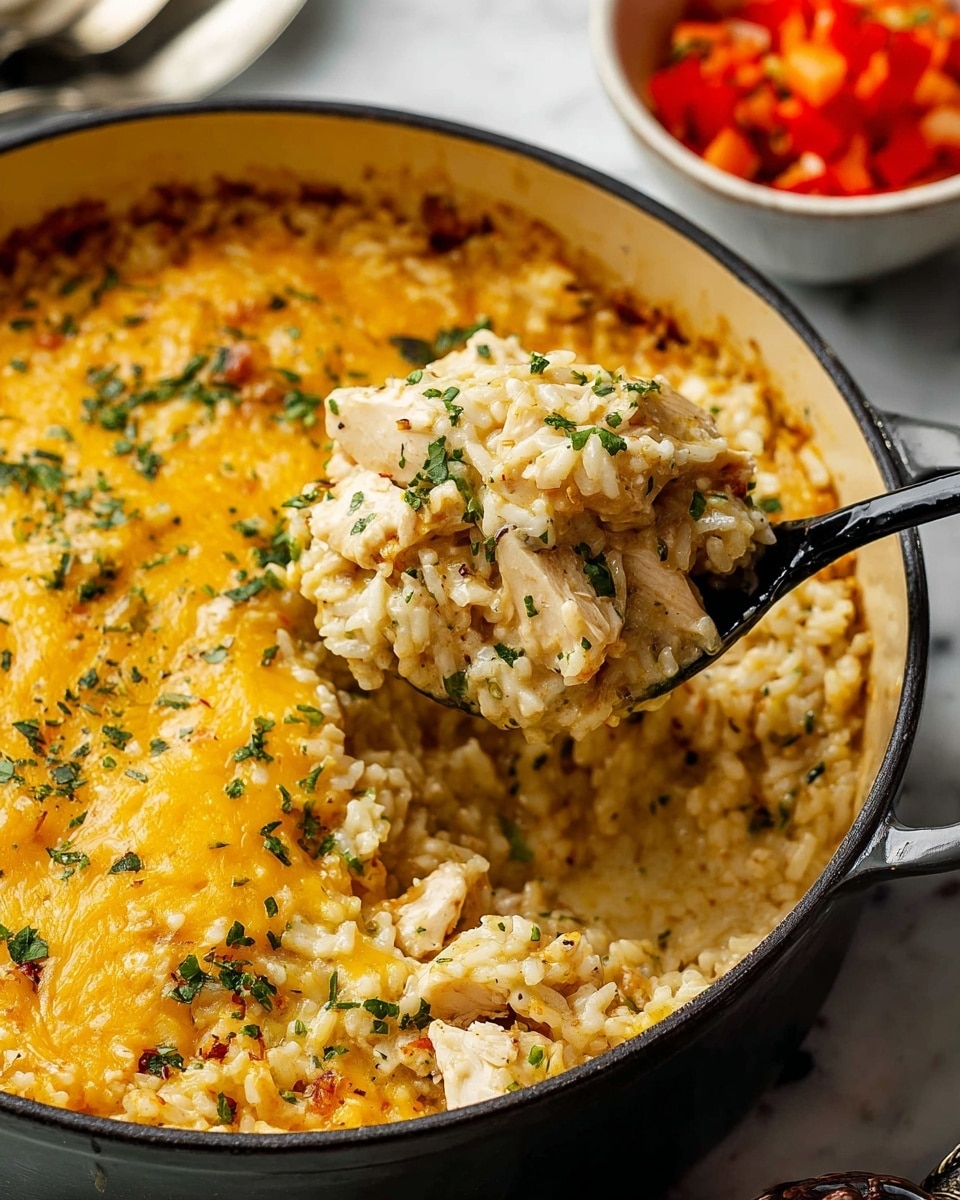 A close-up of a large round pot with two layers: the bottom layer is creamy orange rice mixed with small cooked white chicken pieces and chopped herbs, and the top layer is melted yellow cheese spread evenly, slightly browned on top. A black spoon lifts a portion of the rice and chicken mix, showing its soft and creamy texture with scattered green herbs. The pot is on a white marbled surface, with a hint of a white bowl with red and orange chopped vegetables in the background. Photo taken with an iphone --ar 4:5 --v 7
