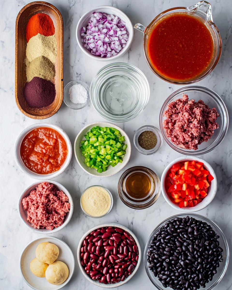 A top-down view of many small white bowls and one wooden dish on a white marbled surface. The wooden dish in the top left holds different spice powders in separate sections, with colors ranging from light beige to bright red and dark green. Clockwise from the wooden dish are bowls with chopped purple onions, pale beige powder, bright red tomato sauce with chunks, light brown liquid in a glass measuring cup, raw dark and light ground meat mixed in a clear bowl, clear water in a glass measuring cup, finely chopped red bell pepper, chopped green bell pepper, minced garlic, dark red paste, two tan colored round pieces on a small plate, thick dark brown liquid in a small dish, and black beans and red kidney beans each in separate bowls with a smooth texture. Everything is organized neatly with vibrant colors visible. photo taken with an iphone --ar 4:5 --v 7