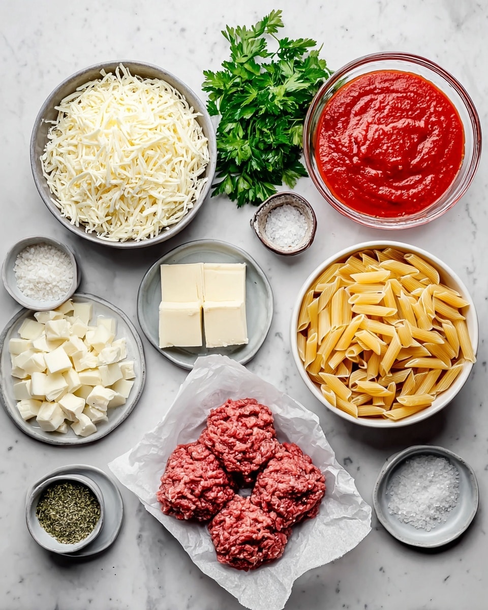 The image shows various ingredients neatly arranged on a white marbled surface. At the center, there is a gray bowl filled with shredded white cheese. To the right of it, a white bowl holds uncooked tubular yellow pasta. Above the pasta, there is a clear glass bowl with bright red tomato sauce and fresh green parsley beside it. To the left of the cheese bowl, there is a gray bowl with small white pieces, and next to it, a small gray plate with three square pats of butter. Below these, two piles of raw meat are placed on white parchment—one has a lighter brown color and the other is a deeper red. Near the top, there is a small gray bowl with white salt crystals and another small container holding dried green herbs. The whole scene is bright and organized, with the colors of the ingredients contrasting well against the white marbled background photo taken with an iphone --ar 4:5 --v 7