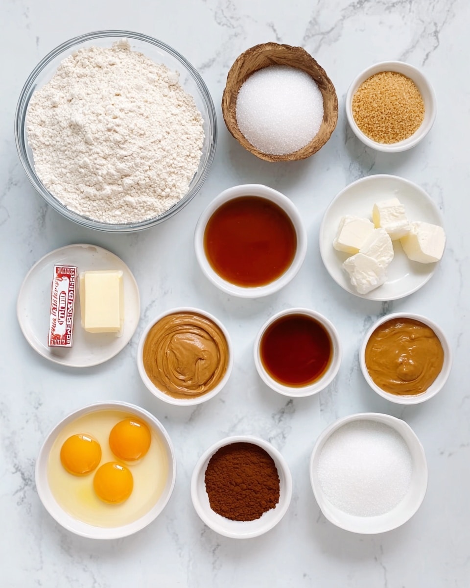A top-down view of various baking ingredients arranged in rows on a white marbled surface. In the bottom left, there is a large clear glass bowl filled with white flour. To the right are two small white bowls containing light brown sugar and fine white sugar. Next to them, a small white bowl holds two raw eggs with bright yellow yolks. Above, a wooden bowl with a rough texture contains a white creamy ingredient, a small stick of butter with red and white labeling sits next to it. Near the center are three small white bowls with reddish-brown syrup, smooth caramel-colored spread, and finely ground golden powder. A few other small white bowls hold a dark brown powder, white granules, and a pale liquid resembling milk. The overall arrangement is neat and clean with the bright colors of the ingredients clearly visible, photo taken with an iphone --ar 4:5 --v 7
