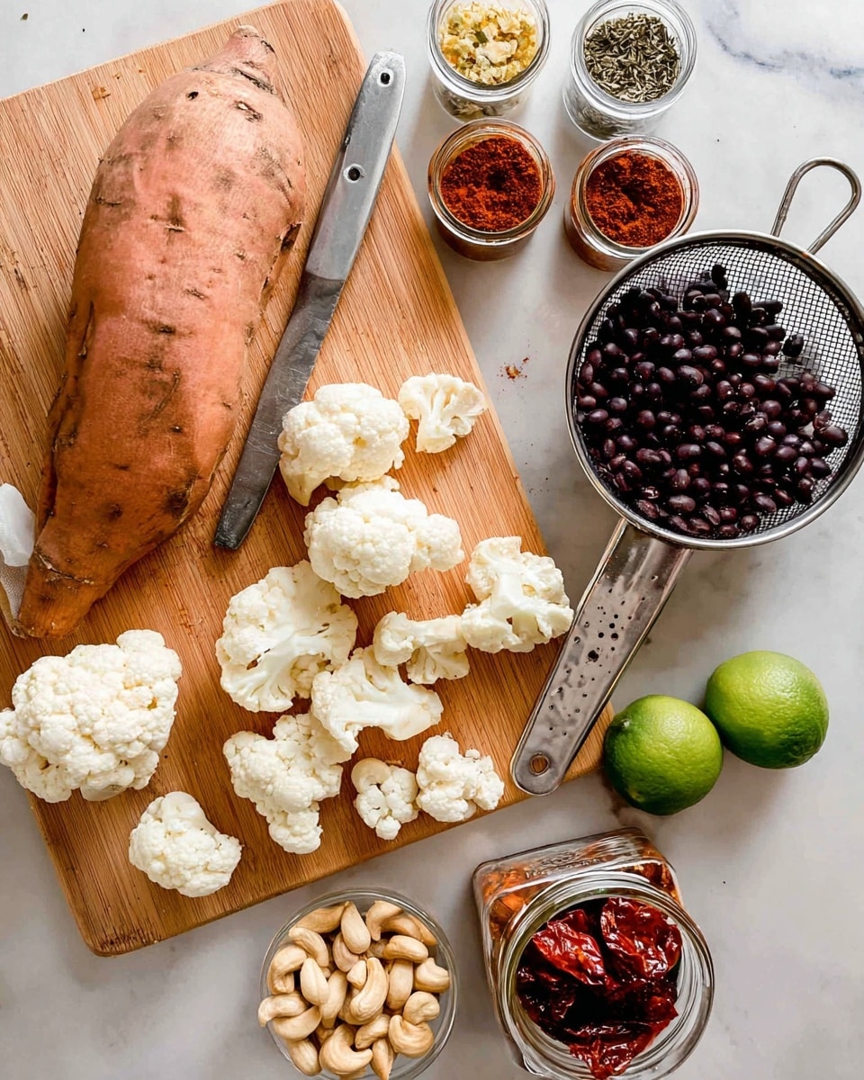 The image shows a top view of a cooking preparation with several ingredients neatly arranged on a wooden cutting board and a white marbled surface. At the center left, a large brown sweet potato is placed diagonally on the cutting board next to white cauliflower florets scattered around it. A silver knife lies partially under the sweet potato. To the right, there is a metal strainer filled with black beans. Nearby, a silver measuring cup contains light brown cashew nuts, some spilling onto the surface. At the top, there are three spice jars—one filled with dried herbs, one with a dark red spice, and another with a yellow spice. A silver measuring spoon with dark red powder and two whole green limes are also visible. A jar of sun-dried tomatoes with a white lid is open, showing the dark red contents inside. The entire setup rests on a clean white marbled background. Photo taken with an iphone --ar 4:5 --v 7