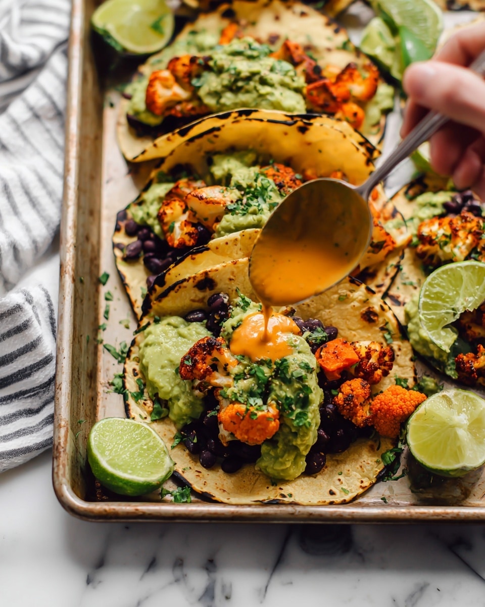 A metal tray holds four corn tortillas toasted with char marks on the edges, each filled with layers of black beans, green guacamole, and roasted orange vegetables including cauliflower and sweet potato. Bright green chopped herbs are sprinkled over the top. A spoon with orange sauce is being poured over the front two tacos. Lime wedges sit on the tray beside the tacos. The tray is placed on a white marbled surface with a striped cloth nearby. Photo taken with an iphone --ar 4:5 --v 7