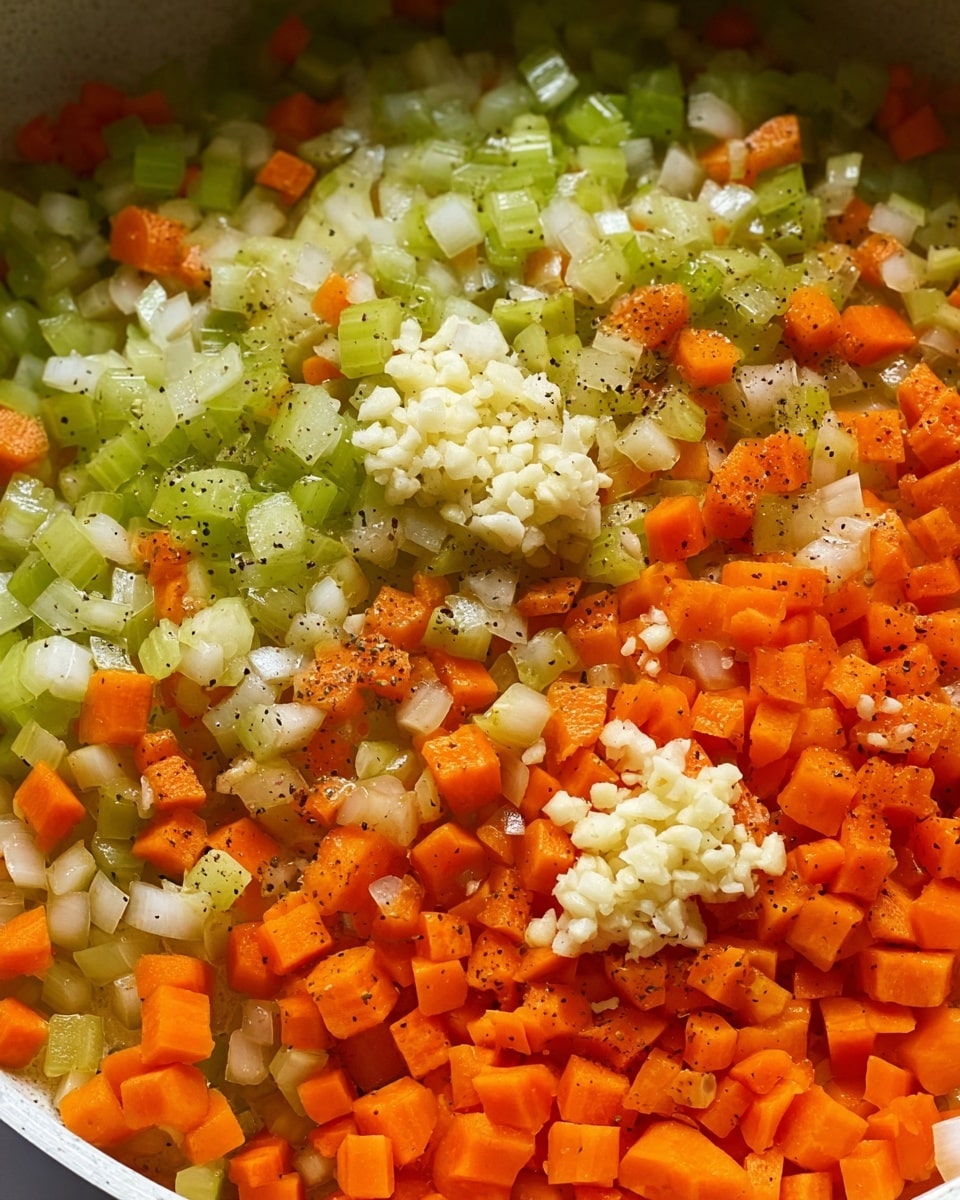 This image shows a close-up of a pan filled with finely chopped vegetables. The vegetables are organized in layers with the base mostly made of small orange carrot cubes, light green celery pieces, and translucent white onion chunks. On top, there are small piles of minced garlic placed in several spots. The vegetables look slightly cooked, showing a soft texture with some shiny spots from oil. The colors include bright orange, green, off-white, and a few black pepper specks scattered evenly. The background is a white marbled texture. Photo taken with an iphone --ar 4:5 --v 7