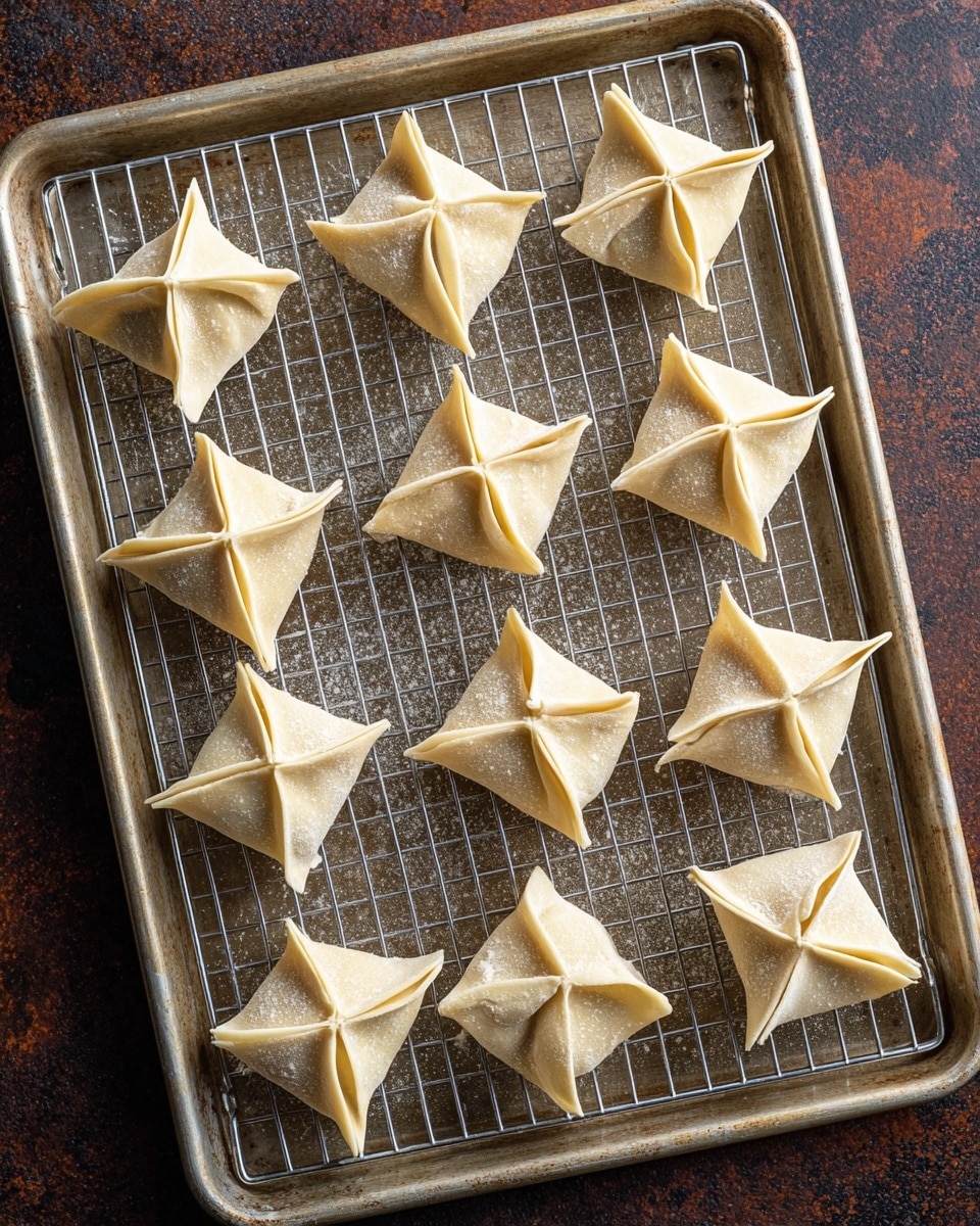 The image shows thirteen uncooked dumplings placed on a metal wire rack, which is on top of a baking sheet. Each dumpling has four folded corners forming a star-like shape with light beige, slightly flour-dusted dough. The wire rack is silver with a grid pattern, and the baking sheet underneath is slightly worn and has a matte metallic finish. The background is a dark, rustic surface. Photo taken with an iphone --ar 4:5 --v 7
