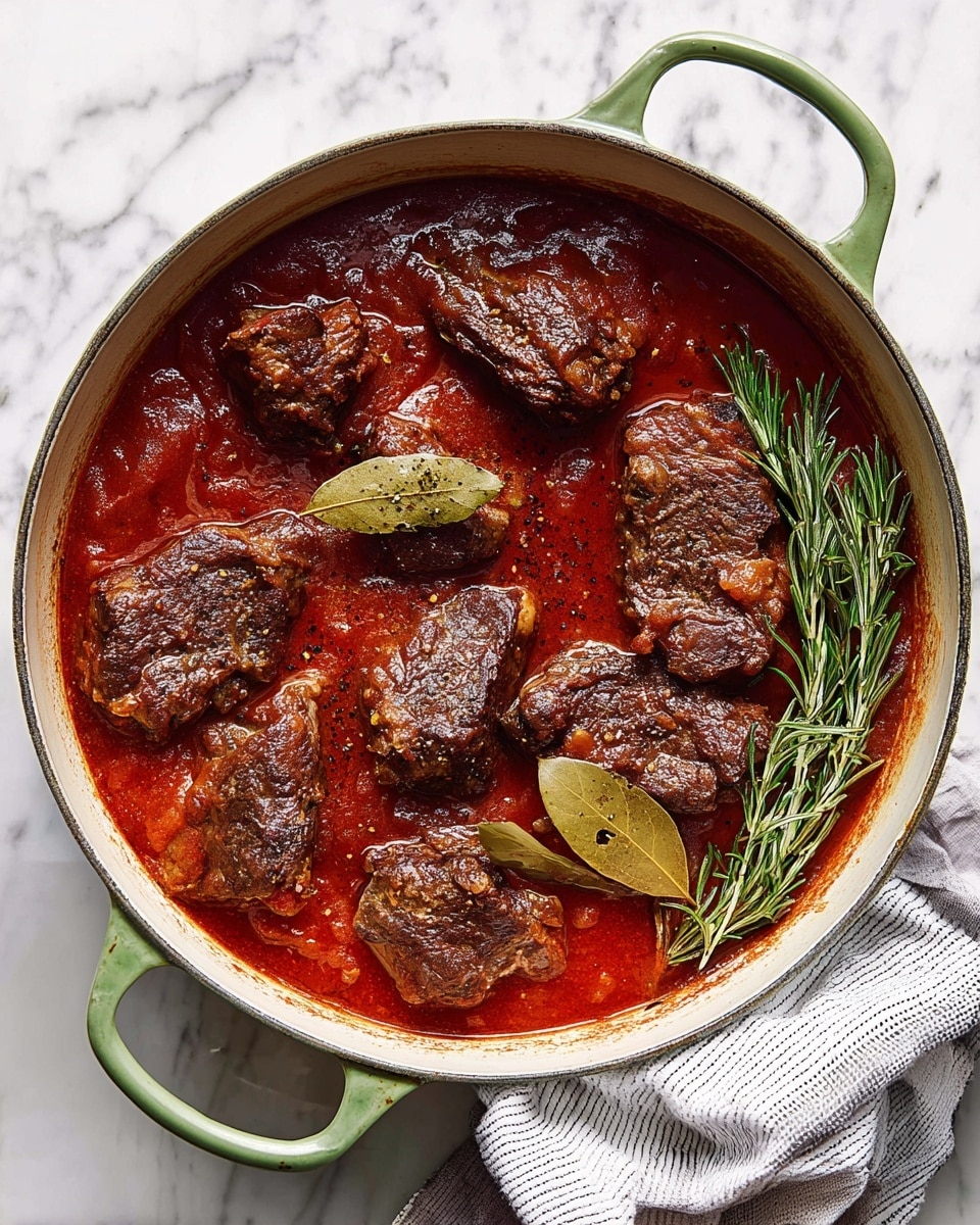 A round white pot with green handles sits on a white marbled surface. Inside, there are eight pieces of browned meat, each with a rich texture and crisp edges, spread out evenly in a deep red tomato sauce. The sauce is thick with visible small tomato chunks and black pepper specks. Two bay leaves float in the sauce near the center, along with two sprigs of fresh green rosemary placed on top of the meat on the right side. A white and gray striped cloth is casually placed under the pot's right handle. photo taken with an iphone --ar 4:5 --v 7