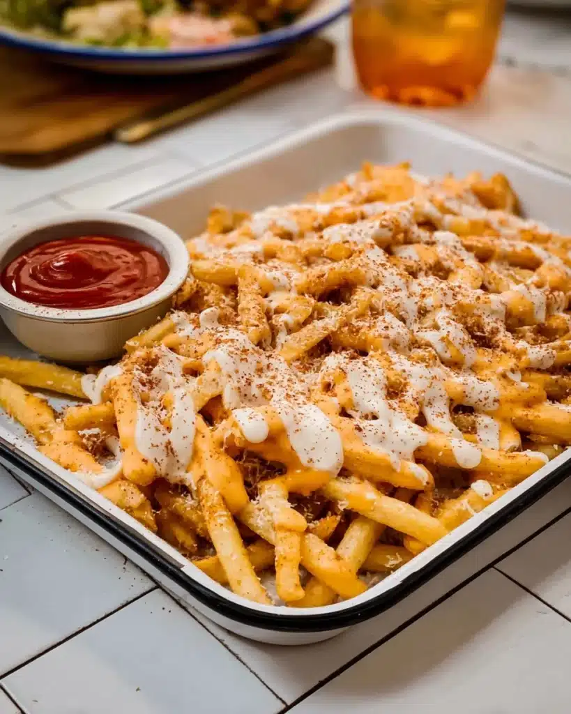 Transfer the seasoned fries onto a warmed serving platter Recipe