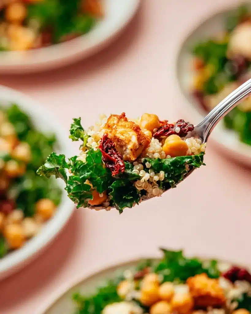 Lemony Quinoa Kale Salad with Crispy Chickpeas Recipe
