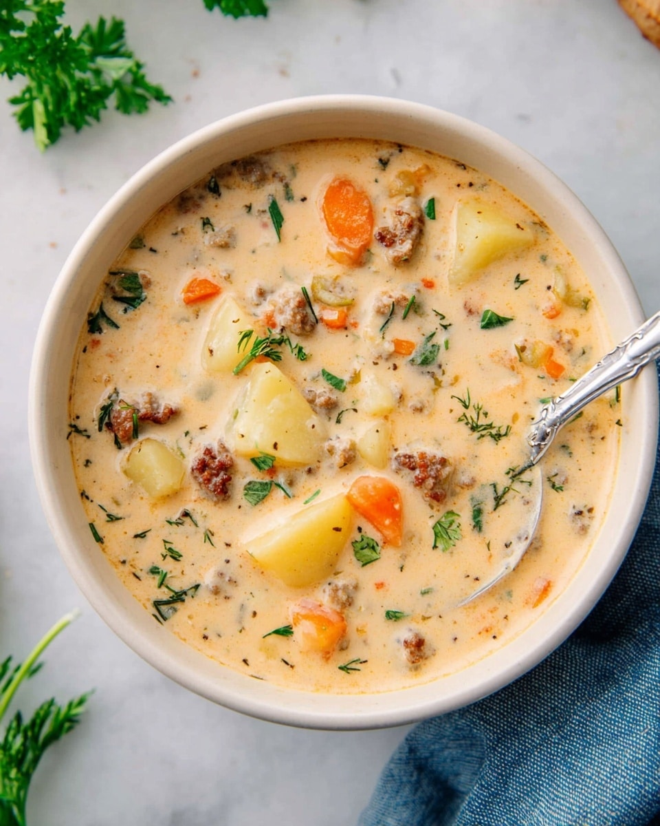The image shows a white bowl filled with thick creamy soup that has a light beige color. Inside the soup, you can see chunks of light yellow potatoes, small pieces of orange carrots, and small bits of browned sausage or meat scattered throughout. There are also small green herbs sprinkled on top and mixed into the soup, adding a touch of bright green color. A silver spoon is partially dipped on the right side of the bowl, resting in the soup. The bowl is placed on a white marbled surface with a few green parsley leaves in the upper left corner and a blue cloth partially visible in the bottom right corner. photo taken with an iphone --ar 4:5 --v 7