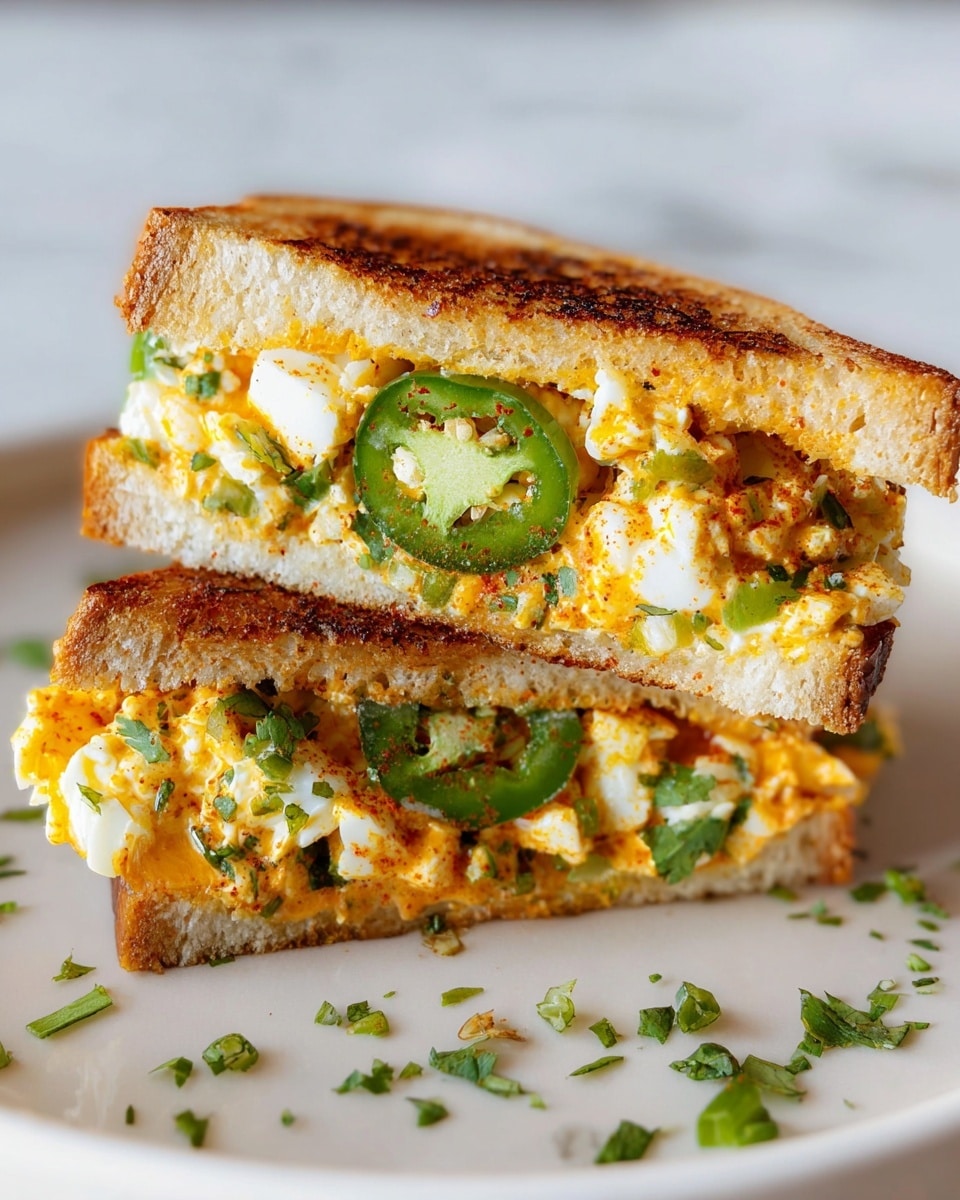 The image shows a sandwich cut in half and stacked, placed on a white plate with a white marbled surface background. The sandwich has two layers of toasted white bread with a golden brown crust. Inside, the filling has a mix of chopped white boiled egg pieces, finely green herbs, and melted orange cheese with browned spots from toasting. Bright green jalapeño slices and fresh lettuce leaves add color and texture in the middle of the filling. Small bits of green herbs are scattered around the plate for decoration. Photo taken with an iphone --ar 4:5 --v 7