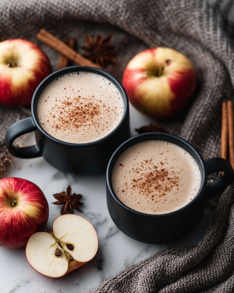 A black mug filled with a creamy drink topped with a dusting of cinnamon powder and five thin slices of apple arranged in a fan shape on top. The mug is set on a white marbled surface with blurred out apples and cinnamon sticks in the background, creating a warm and cozy feel. photo taken with an iphone --ar 4:5 --v 7