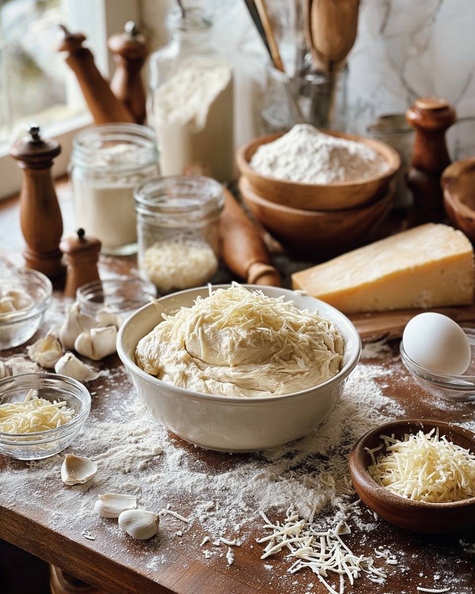 The image shows a white bowl filled with a thick, creamy white dough topped with some cheese shreds. The bowl is placed on a brown wooden surface sprinkled with flour and cheese shreds. Surrounding the bowl are small glass bowls containing grated cheese, a large piece of hard cheese, an egg, and a garlic bulb. In the background, there are wooden bowls with white flour, glass jars filled with white ingredients, rolling pins, pepper mills, and wooden utensils. The whole scene is set against a white marbled textured background with soft natural light. photo taken with an iphone --ar 4:5 --v 7