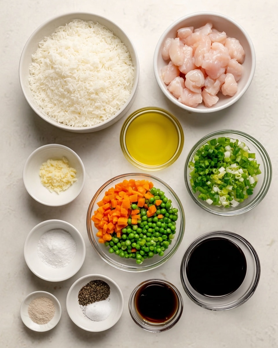 The image shows an overhead view of several small white bowls arranged neatly on a white marbled surface, each holding different ingredients for cooking. In the top row, there are two larger white bowls with white cooked rice on the left and small pink raw chicken pieces on the right. Below them, smaller clear glass bowls hold minced white garlic, light yellow oil, bright green peas with orange carrot cubes, and chopped green onions. On the bottom left, three small white bowls contain ground black pepper, white salt, and a smaller white seasoning. To the bottom right, there are small clear glass bowls filled with dark soy sauce and a smaller amount of thick dark sauce. The overall color palette is soft and natural with white, green, orange, yellow, pink, and dark brown. photo taken with an iphone --ar 4:5 --v 7