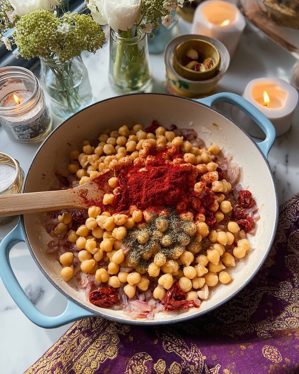 A white skillet with light blue handles contains a cooking mixture. The bottom layer is finely chopped reddish onions and sun-dried tomatoes sautéed until soft. On top of this is a large pile of light beige chickpeas, glistening with oil. Sprinkled over the chickpeas are bright red paprika powder and dried green herbs in small piles. A wooden spoon stirs the mixture from the left side. The skillet sits on a white marbled surface. In the background, there are lit candles, white and green flower arrangements, and a patterned purple and gold cloth. Photo taken with an iphone --ar 4:5 --v 7