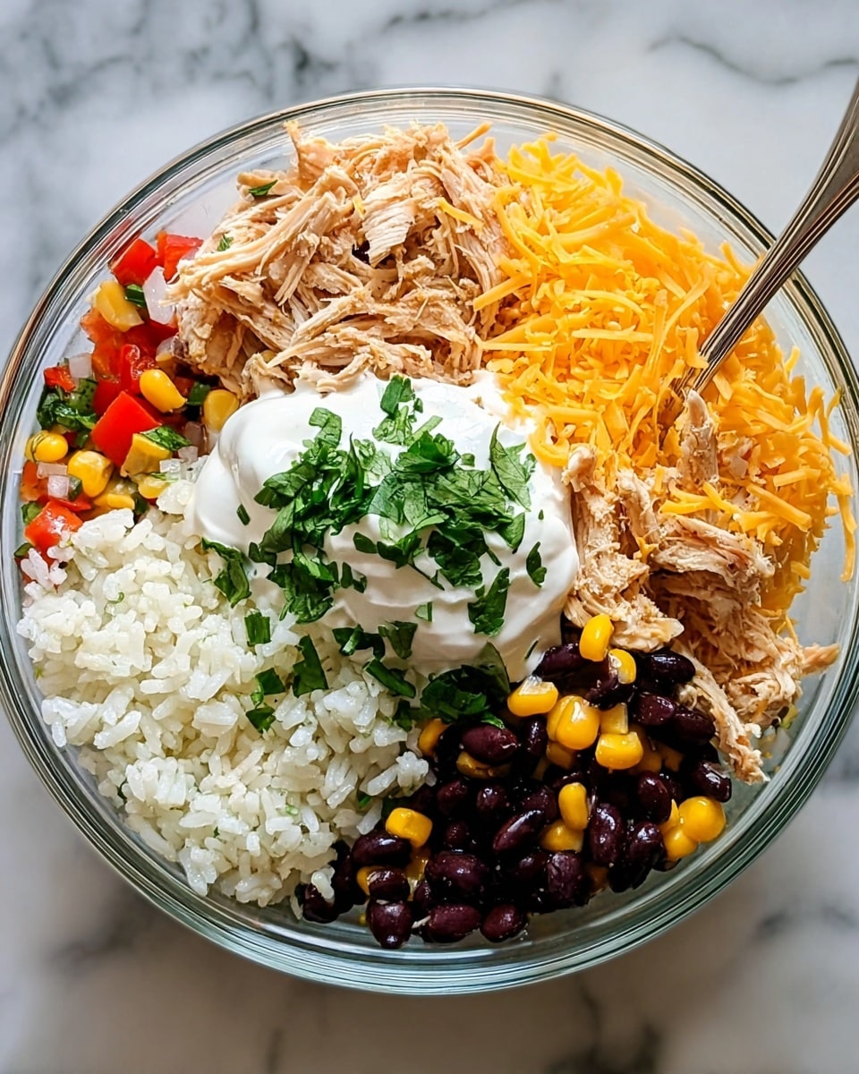 A clear glass bowl holds four main layers arranged side by side: fluffy white rice mixed with small pieces of red bell pepper and yellow corn at the bottom left; shredded light brown chicken at the top right; bright orange shredded cheddar cheese at the top left; and dark black beans with yellow corn at the bottom right. On top of these layers, there is a dollop of white sour cream sprinkled with fresh green chopped cilantro in the center. A silver spoon rests inside the bowl on the right side, touching the beans and sour cream. The bowl sits on a white marbled surface. Photo taken with an iphone --ar 4:5 --v 7