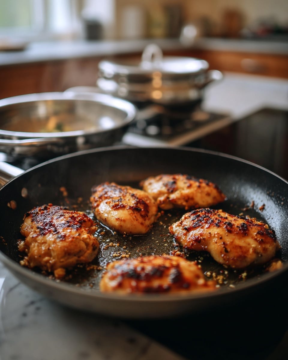 A close-up view of a dark frying pan with six golden brown grilled pieces of chicken arranged in two rows, each piece showing a slightly crispy texture with browned and charred spots on the surface. The pan has small bits of cooked seasoning and oil glistening around the chicken. In the blurred background, on a white marbled surface, there are two shiny metal saucepans and a metal bowl with some ingredients inside, placed on a stovetop with steam rising gently. The scene gives a warm and cozy kitchen cooking vibe. Photo taken with an iphone --ar 4:5 --v 7