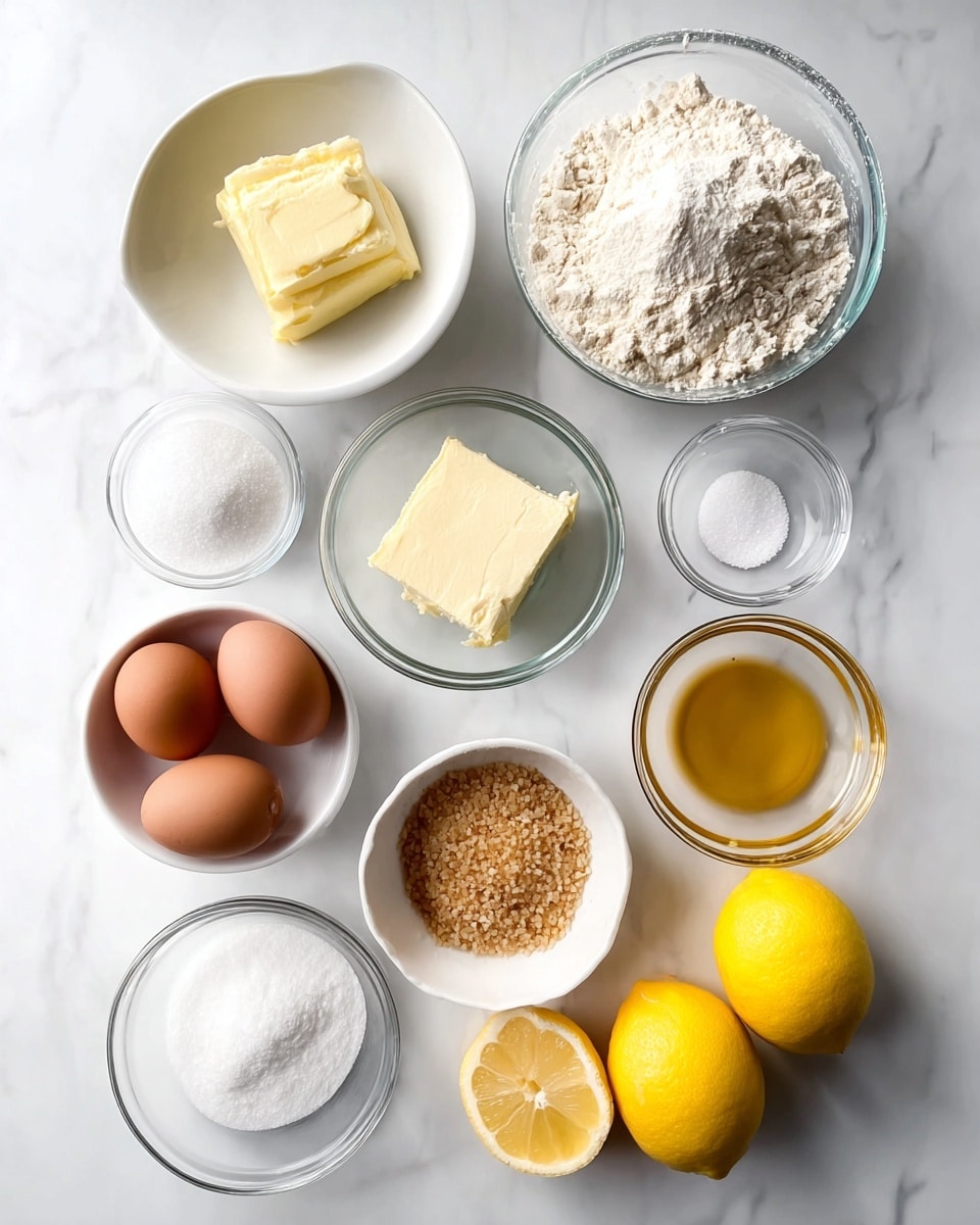 The image shows a top view of various baking ingredients neatly arranged on a white marbled surface. There are eleven containers holding different items: a white bowl with a block of pale yellow butter, a clear glass bowl with light beige flour, a small clear bowl with white granulated sugar, a tiny clear bowl with white salt, and a white bowl with a square piece of cream cheese. Nearby are two bright yellow whole lemons and two lemon slices placed on the bottom right. There is also a small white bowl filled with light brown small granules, a small clear bowl with a golden liquid, three brown eggs, and a clear bowl with a pale yellow liquid. The arrangement is clean and well-spaced, showing the contrast of colors and textures against the white marbled surface. photo taken with an iphone --ar 4:5 --v 7