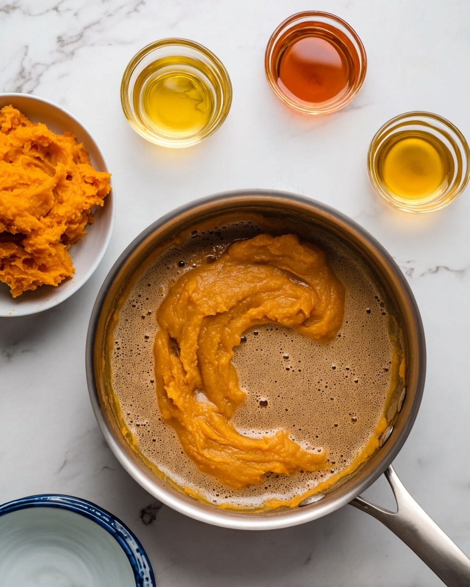 The image shows a saucepan with light orange mashed sweet potatoes mixed in a foamy brown broth layer taking most of the pan's interior. Next to the pan, on a white marbled surface, are three small clear glass containers filled with vibrant orange, amber, and pale yellow liquids. To the left, a small white bowl holds a thick, bright orange sweet potato mash with some texture. One more small bowl with a white interior and blue rim is partially visible, empty, placed to the bottom right of the pan. photo taken with an iphone --ar 4:5 --v 7