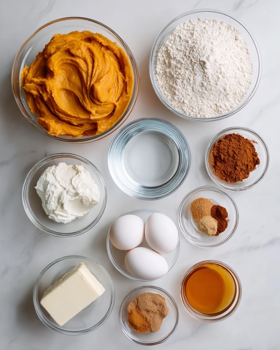 The image shows nine clear glass bowls and three white eggs arranged neatly on a white marbled surface. The largest bowl at the top left is filled with smooth, bright orange pumpkin puree with visible soft folds. To its right is a similarly large bowl filled with a fine, white powder of flour. Below these are a small bowl with clear water, a small bowl with light brown soft brown sugar, a small bowl with medium brown cinnamon powder, a small bowl with dark brown soft brown sugar, and a small bowl with a mix of white sugar and orange-brown spice. Near the center bottom left is a clear bowl with white powdered starch with a stick of cream or butter on top, a clear bowl with creamy white milk, and a small white bowl with a rich amber liquid, likely vanilla extract. The three eggs are placed towards the center right, completing the layout. The clean, bright arrangement highlights the contrast of colors and textures of each ingredient, set on a white marbled texture. Photo taken with an iphone --ar 4:5 --v 7