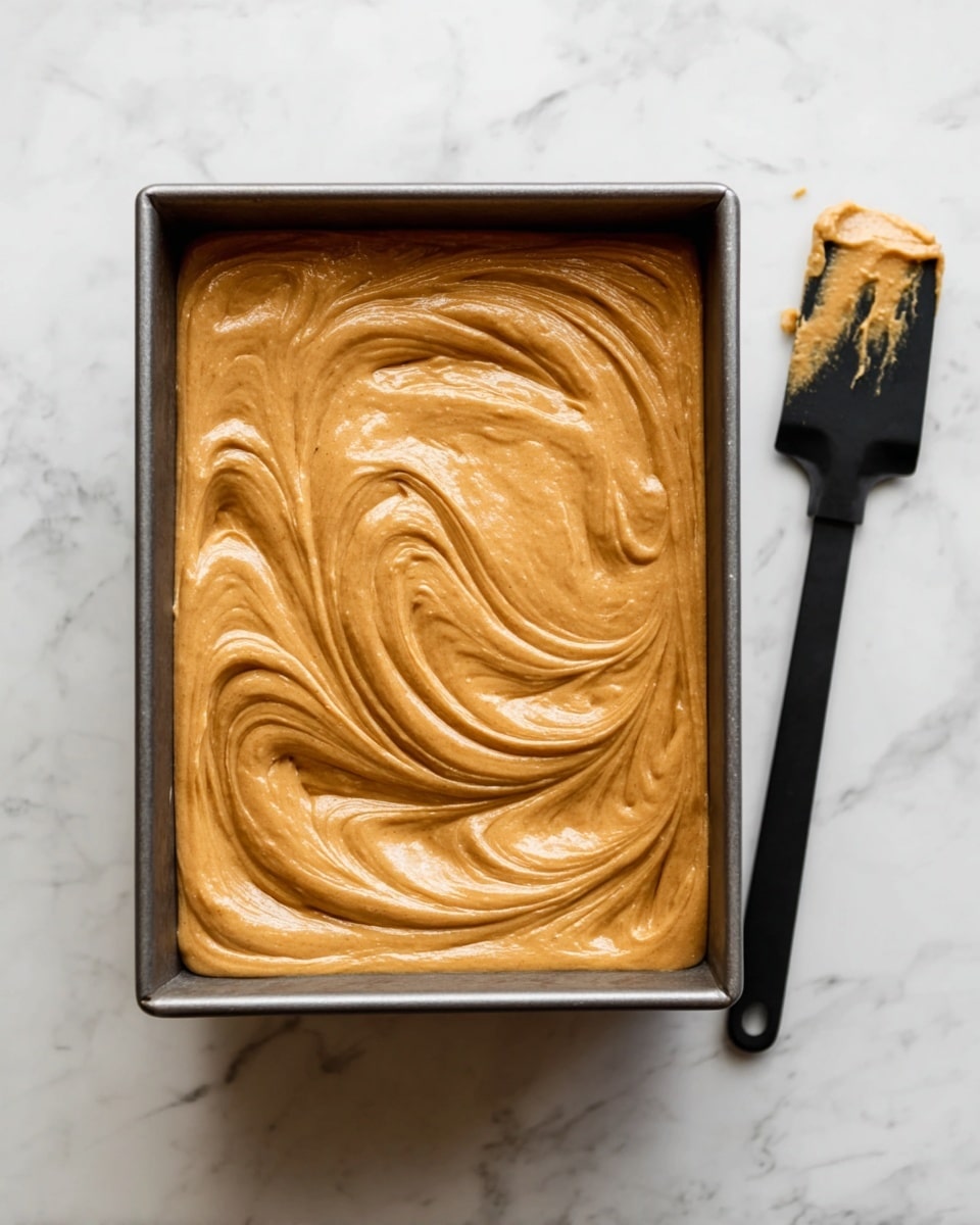 A rectangular baking pan filled with smooth, thick light brown batter that is swirled on top in a circular pattern. The pan is placed on a white marbled surface. Next to the pan is a black spatula with some of the light brown batter stuck on its blade. The batter looks creamy and ready to bake, filling the pan up to near the edges. photo taken with an iphone --ar 4:5 --v 7