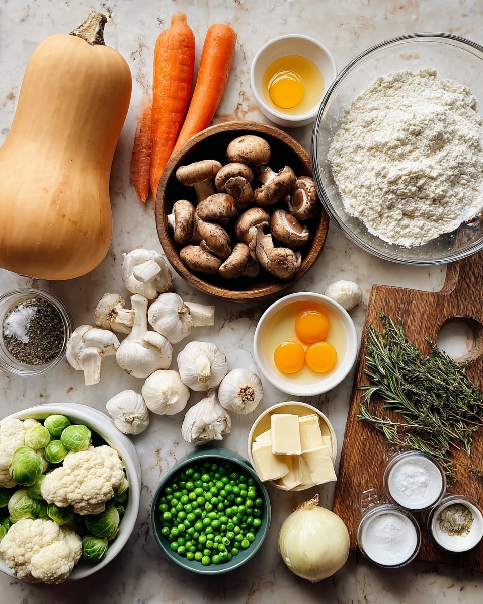 The image shows a collection of fresh cooking ingredients arranged neatly on a white marbled textured surface. At the top left, there is a light orange butternut squash, next to two bright orange carrots. Below, a wooden bowl holds many brown mushrooms with rich textures. Near the center, there are several white garlic cloves scattered beside a large, round, yellow onion. In the bottom left corner, a white colander holds bright green Brussels sprouts and white cauliflower florets. A small green bowl filled with vibrant green peas sits close to the mushrooms. To the right, on a wooden cutting board, rests a glass bowl full of white flour, a small white bowl with two yellow egg yolks, and several small white containers holding salt, black pepper, and other powders. Cubed butter pieces wrapped in parchment paper are placed next to the cutting board. Fresh green herbs, including rosemary and thyme, are spread across the surface near the onion and bowls. The photo taken with an iphone --ar 4:5 --v 7