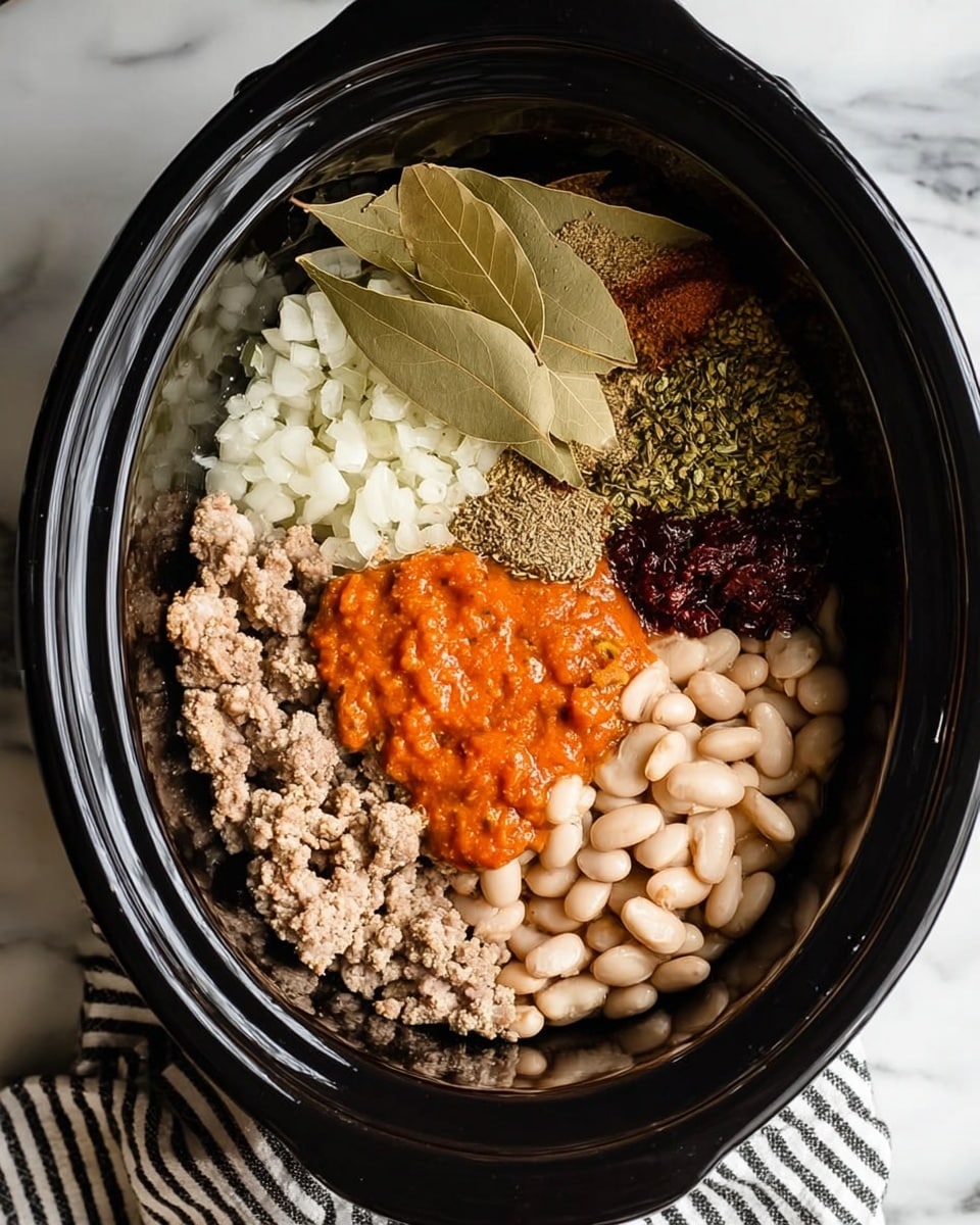 A close-up view of a black slow cooker filled with separate layers of ingredients before mixing. There is a bottom layer of white beans with a smooth texture, occupying the bottom right section. Cooked ground meat is placed on the left side with a crumbly texture in light brown color. On top of the meat is a layer of finely chopped cooked onions in off-white color. Above the beans is a dollop of thick, bright orange sauce. Next to the onions and sauce is a layer of green chopped peppers, beside a cluster of various dried spices in shades of brown, beige, and dark red, with two large bay leaves placed on top. The slow cooker is resting on a white marbled surface, with a black and white striped cloth partially visible on the bottom side. photo taken with an iphone --ar 4:5 --v 7