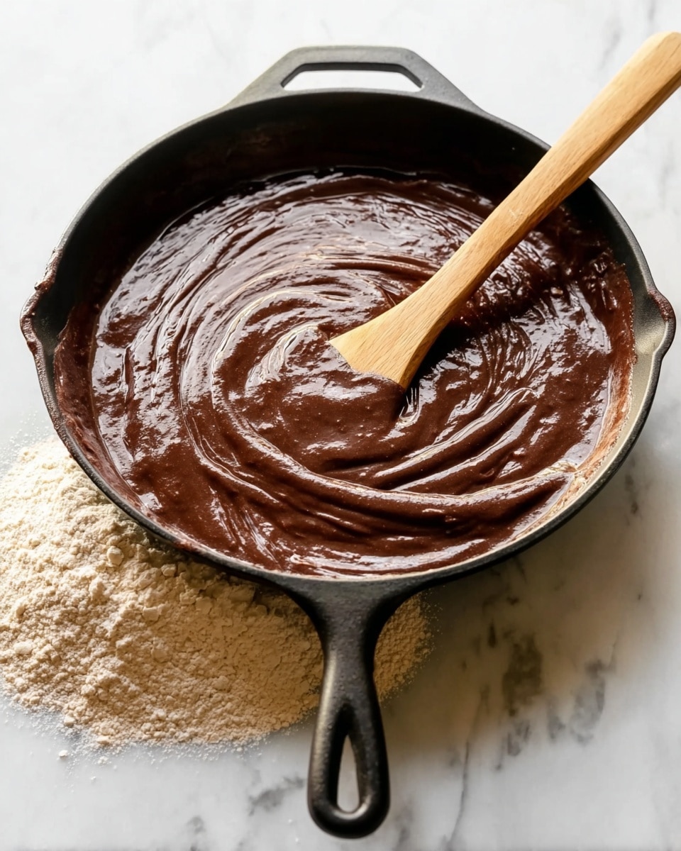 A round, black cast iron skillet filled with thick, smooth, dark brown chocolate batter, spread evenly inside with some soft swirls visible on the surface. A light brown wooden spoon rests on the right side of the skillet, partially dipped into the batter, showing a shiny texture. Surrounding the skillet is a small mound of light beige flour on a white marbled surface, creating a soft contrast with the dark skillet. The light is natural and bright, enhancing the glossy look of the batter. Photo taken with an iphone --ar 4:5 --v 7