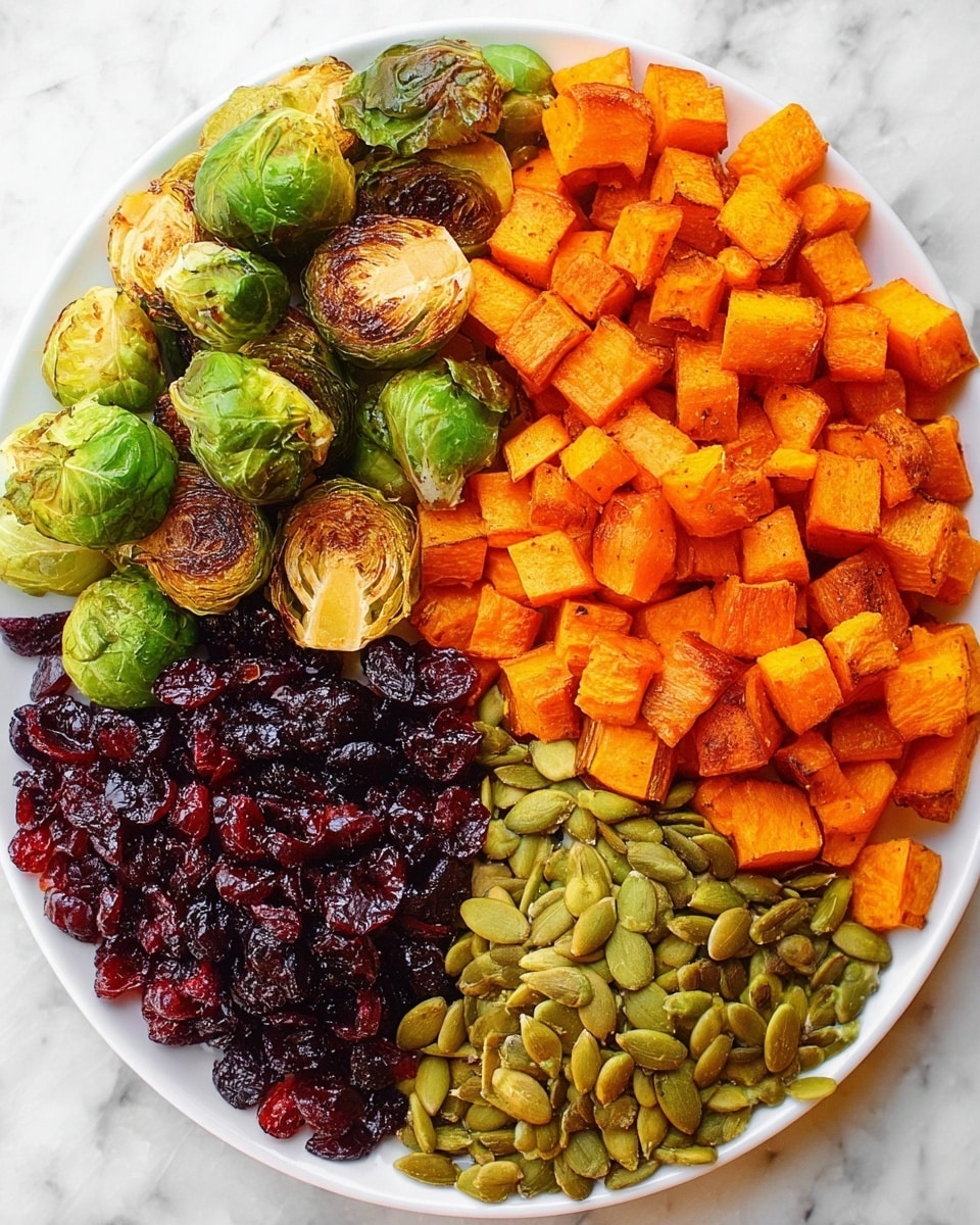 A white plate filled with four distinct sections of food, each occupying a quarter of the space. The top right quarter is full of bright orange roasted cubed sweet potatoes with a slight browned texture. The top left quarter shows roasted Brussels sprouts, half green with lightly browned crispy edges. The bottom right quarter has a pile of light green pumpkin seeds with a smooth texture. The bottom left quarter is covered with dark red dried cranberries that are wrinkled and shiny. The plate is placed on a white marbled surface photo taken with an iphone --ar 4:5 --v 7