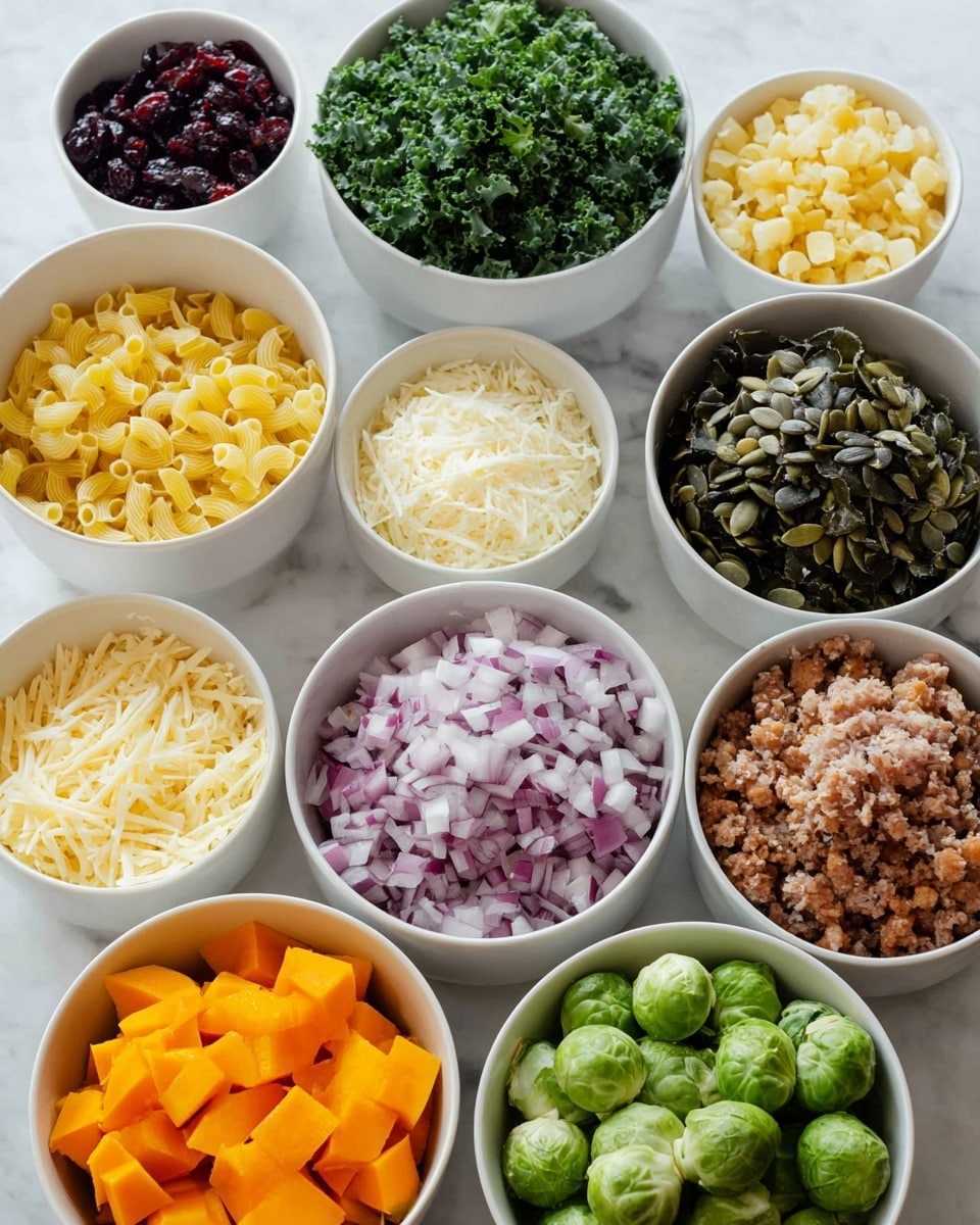 Nine white bowls sit on a white marbled surface, each filled with different ingredients. One bowl holds small yellow pasta pieces, another has dark red dried cranberries. In the center is a bowl of chopped green kale. Nearby, there's a bowl of diced purple onions with white edges, and another bowl filled with cooked, crumbled brown sausage. A bowl of dark green pumpkin seeds sits next to a bowl of shredded light yellow cheese. In the front, there is a bowl with bright orange diced butternut squash, and a bowl with halved green Brussels sprouts. Photo taken with an iphone --ar 4:5 --v 7