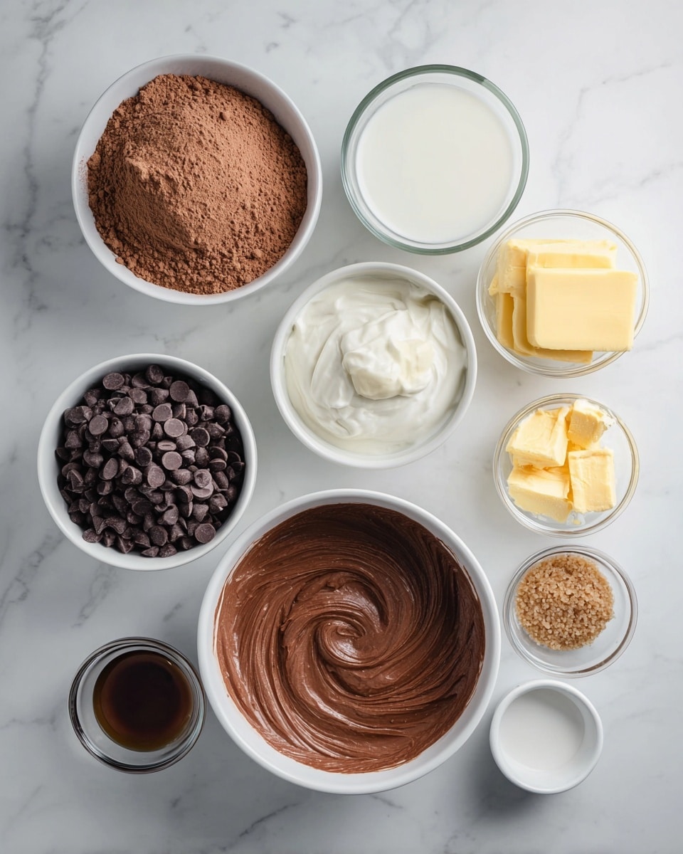 The image shows eight white bowls and clear glass cups arranged on a white marbled surface. On the top left is a large white bowl filled with brown powder, next to it on the right is a clear glass of white milk. Below the large bowl is a smaller white bowl filled with dark chocolate chips. At the center bottom is a large white bowl filled with smooth, creamy chocolate batter with visible swirl marks on the surface. To the right of the batter bowl are three small white bowls; one with a white creamy liquid, one with a yellow block of butter in melted form, and one with brown sugar grains. On the bottom left is a clear glass cup filled with a white liquid, and next to it a very small white bowl with a dark brown liquid, placed near the brown sugar bowl. Photo taken with an iphone --ar 4:5 --v 7