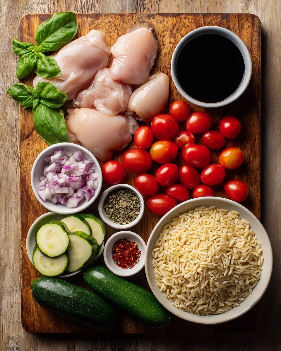 The image shows a wooden board with three pieces of raw light pink chicken placed near the top left, accompanied by bright green fresh basil leaves. In the center are many red cherry tomatoes, some whole and some sliced in half, spilling slightly across the board. To the bottom left, a small white bowl holds chopped purple and white onions, and just above it, a white bowl contains slices of zucchini that are light green and white. On the bottom right are two whole dark green zucchinis. To the immediate right of the tomatoes is a round white bowl filled with pale yellow uncooked orzo pasta. Above the orzo is a white bowl filled with a dark very smooth liquid, likely balsamic vinegar or soy sauce. Next to it is a tiny white bowl with mixed peppercorns. Below this is another small white bowl containing various powdered spices in red, white, and green colors. The board sits on a white marbled surface. photo taken with an iphone --ar 4:5 --v 7