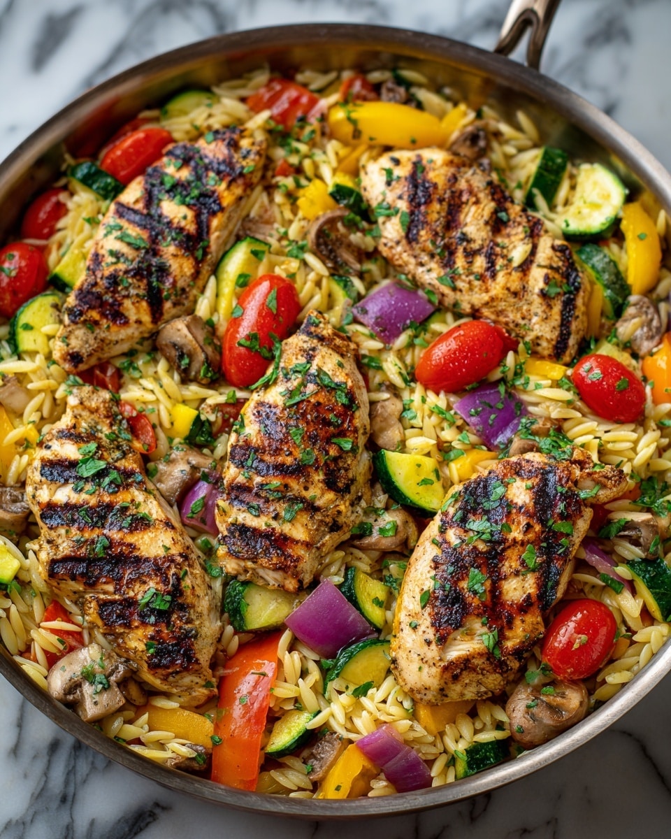 A metal pan filled with a colorful mix of grilled chicken and vegetables on a bed of orzo pasta. The dish has four pieces of grilled chicken, each with dark grill marks and sprinkled with chopped green herbs, placed evenly across the top. The base layer is light yellow orzo pasta mixed with bright vegetables including red cherry tomatoes, purple onion chunks, green zucchini slices, yellow and orange bell pepper pieces, and small slices of mushrooms. The vegetables have a cooked but fresh look, adding various textures and colors all around the chicken. Some chopped green herbs are scattered on top for garnish. The background is a white marbled texture. Photo taken with an iphone --ar 4:5 --v 7