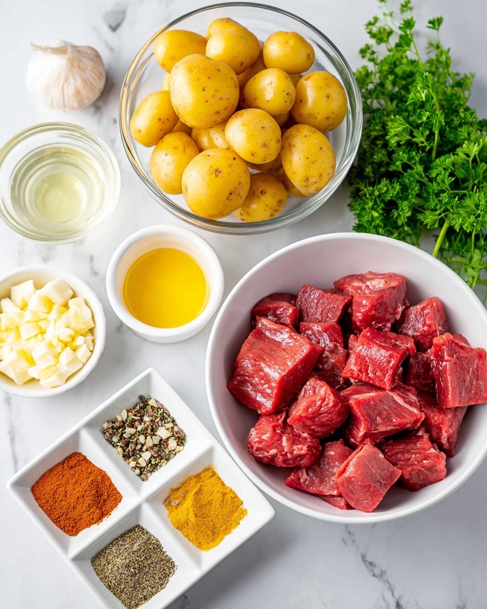 The image shows a white bowl filled with chunky raw red meat cubes placed on the right side. Just behind it, there is a clear glass bowl full of small yellow potatoes, some whole and some cut in halves. To the left, several small white dishes hold various ingredients: minced garlic on the top left, a clear liquid in a ramekin, melted butter, a small bowl with honey, and a divided dish with different spices including black pepper, paprika, and garlic powder. Fresh green parsley is placed on the upper right corner on a white marbled surface. The photo taken with an iphone --ar 4:5 --v 7