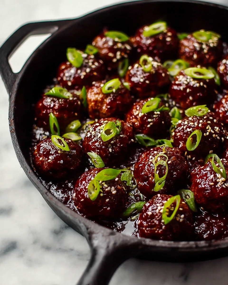 The image shows a black cast iron pan filled with small, round meatballs covered in a shiny dark red sauce, giving them a rich, glossy look. Each meatball is topped with thin slices of bright green scallions and sprinkled with white sesame seeds, adding texture and contrast. The sauce pools slightly around the meatballs at the bottom of the pan, which is placed on a white marbled surface. The scene is well-lit, highlighting the moist, saucy texture of the meatballs and the fresh, crisp green of the scallions. photo taken with an iphone --ar 4:5 --v 7
