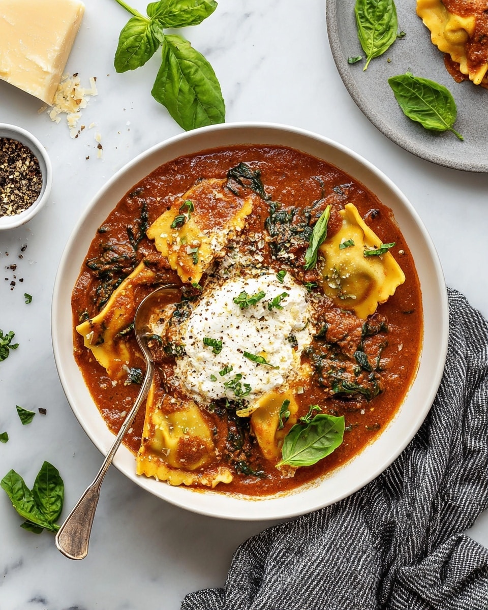 A white bowl filled with rich red-brown tomato sauce layered with large, folded yellow pasta pieces that have wavy edges, mixed with cooked green spinach leaves in the sauce. In the center, there is a thick dollop of creamy white cheese topped with small green basil leaves and sprinkled with black pepper and chopped herbs. A silver spoon rests on the right side of the bowl, partly inside the sauce, with a spinach leaf next to it. The bowl sits on a white marbled surface with scattered basil leaves, a small white cup of black pepper, a grey plate with a wedge of pale yellow cheese, and fresh green basil sprigs around it, with a striped grey cloth on the right side. Photo taken with an iphone --ar 4:5 --v 7