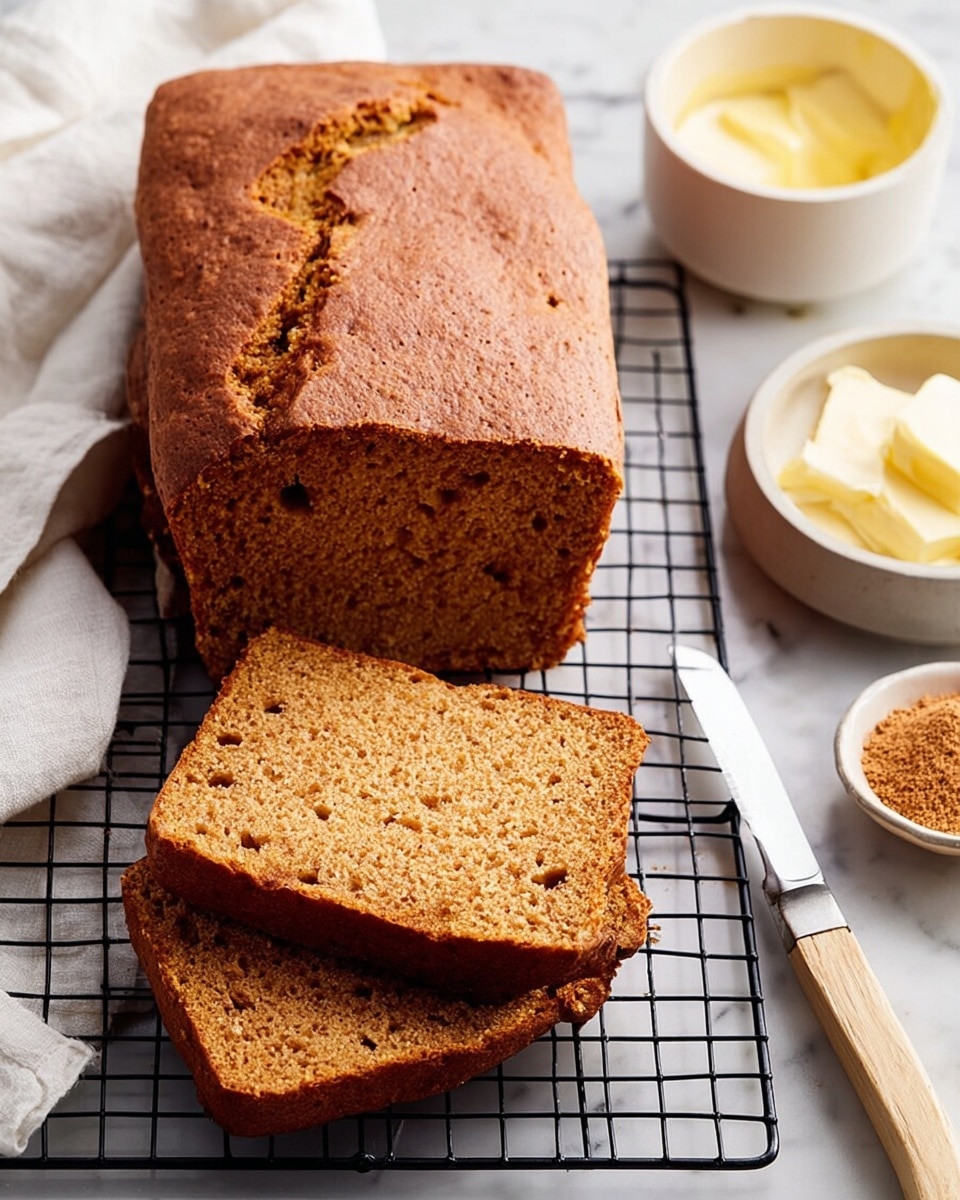 A loaf of brown bread with a slightly cracked top rests on a black cooling rack over a white marbled surface. Three thick slices are cut and stacked slightly tilted in front of the loaf, showing a moist and dense texture with small holes inside. To the right, there is a white bowl with yellow butter and a small bowl of brown powder, next to a knife with a light wooden handle on the marbled surface. A white cloth is partially visible on the left side of the image. Photo taken with an iphone --ar 4:5 --v 7