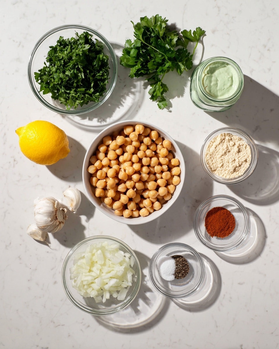 The image shows an overhead view of ingredients on a white marbled surface arranged neatly. In the middle, there is a white bowl filled with chickpeas that are light tan in color and round in shape. Above the bowl, two small glass bowls hold fresh green parsley and cilantro with textured leaves. To the top right, a glass jar contains a pale green creamy mixture. Close to the bottom left, a glass bowl holds white chopped onion pieces. A whole bright yellow lemon sits near the onion. To the left of the lemon, a single clove of garlic with white-purple skin lies next to three small glass bowls; one with white salt and black pepper, another with reddish-brown spice, and the last with light brown spice. A clear glass bowl with pale beige chickpea flour is positioned above the chickpeas. The light casts soft shadows, and the scene feels clean and organized. Photo taken with an iphone --ar 4:5 --v 7