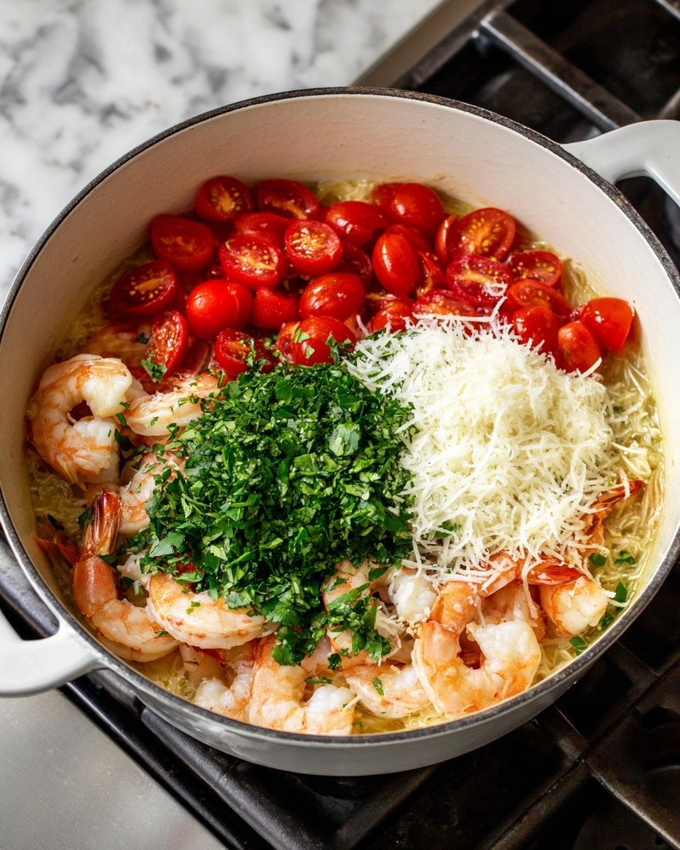 A white pot filled with cooked shrimp in a light sauce forms the base layer, covering the bottom and edges. On top of the shrimp, on the left side, there is a layer of halved bright red cherry tomatoes with a smooth and shiny texture. In the middle, a pile of finely grated white cheese sits, soft and fluffy in texture. To the right of the cheese, there is a layer of finely chopped fresh green herbs, adding a vivid green color. The pot rests on a stove with a dark burner visible, and the background is a white marbled texture. Photo taken with an iphone --ar 4:5 --v 7